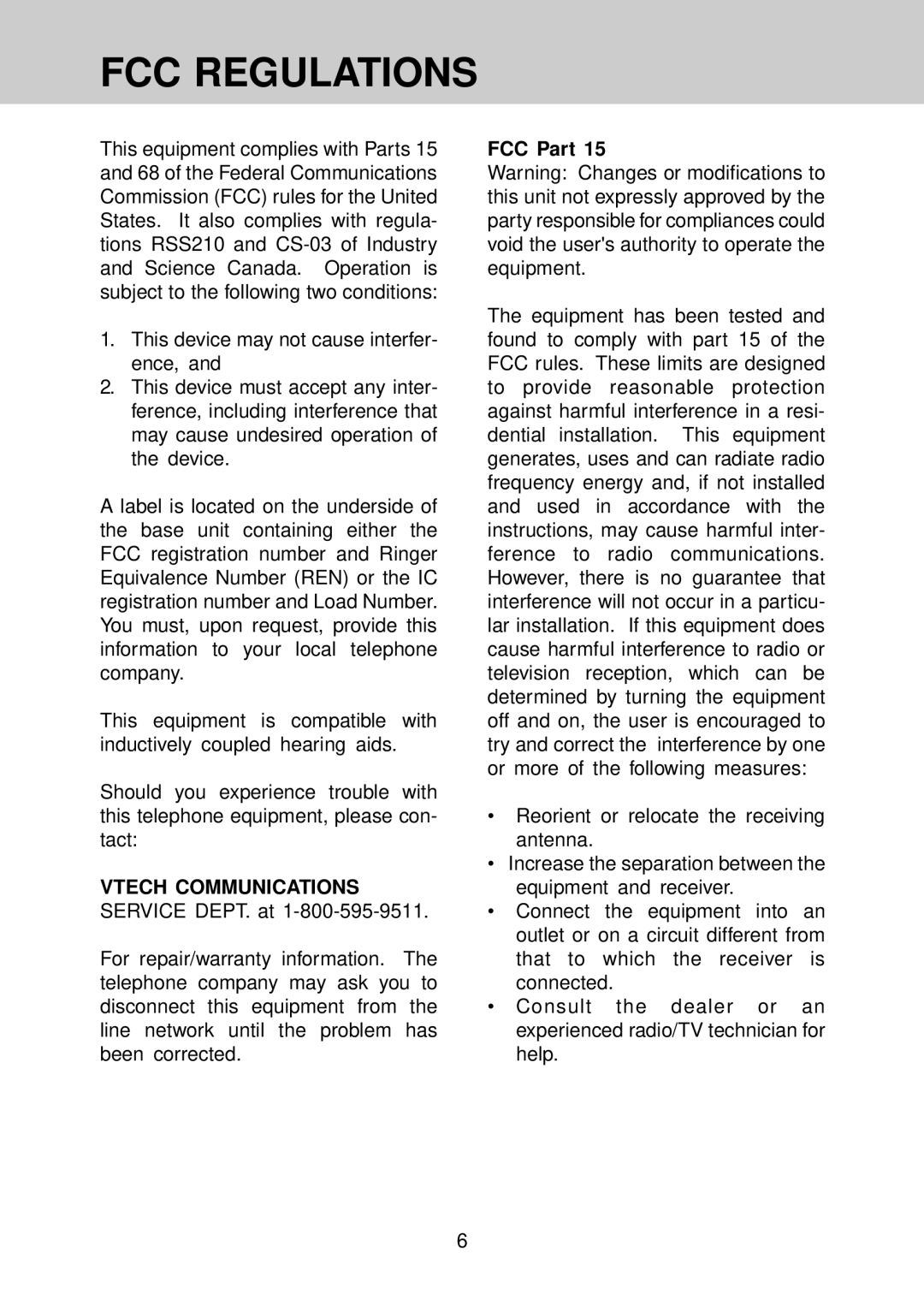 VTech VT 4121 manual FCC Regulations, Vtech Communications, FCC Part 