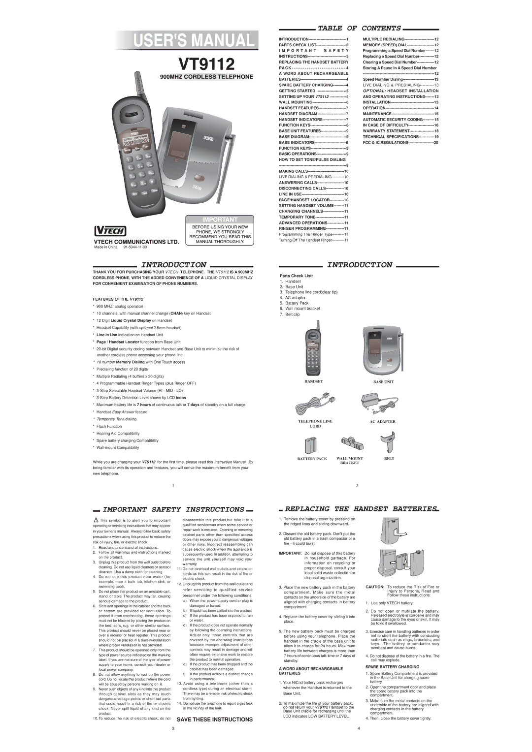 VTech VT-9112 instruction manual Introduction, Table of Contents 