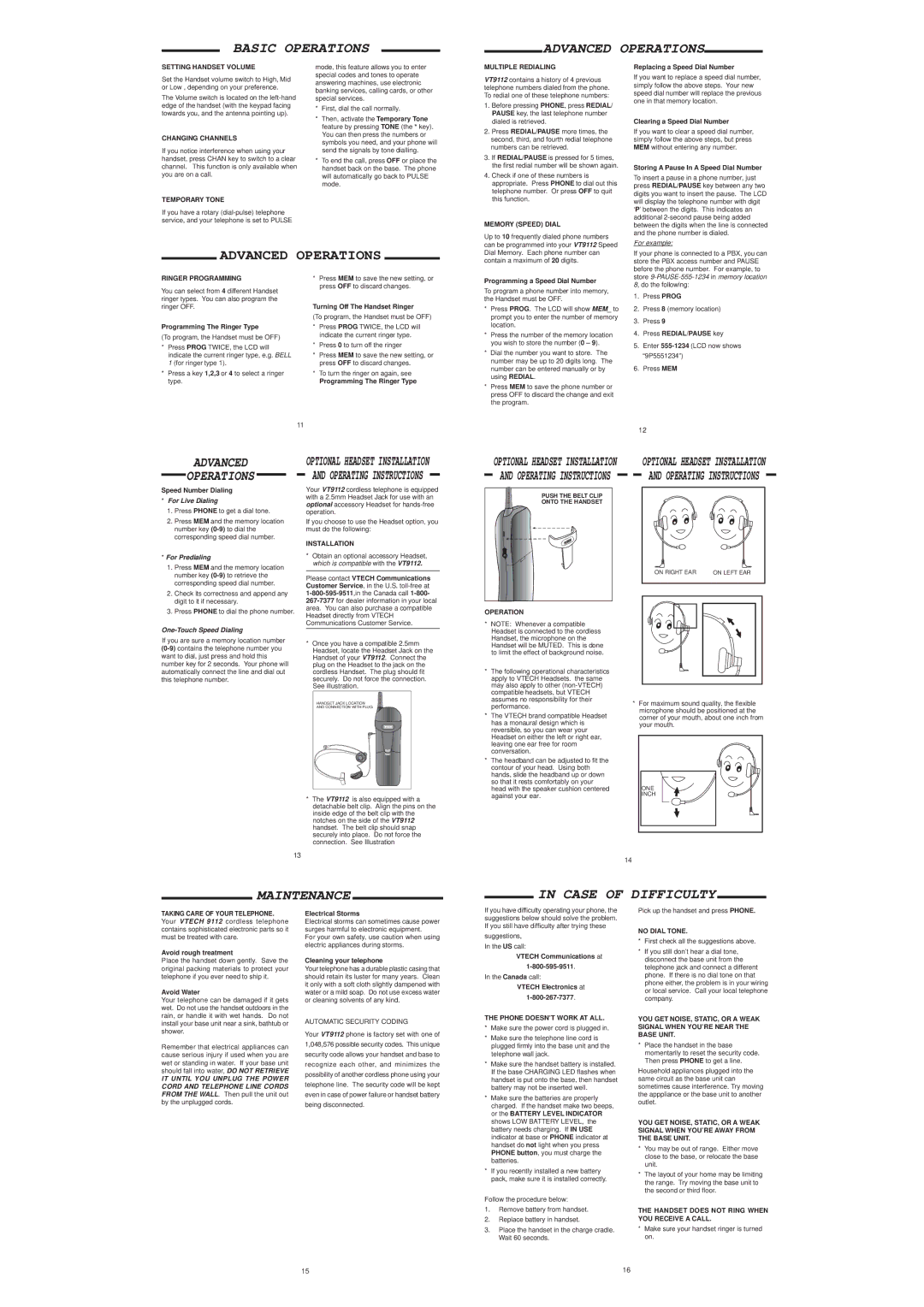 VTech VT-9112 instruction manual Basic Operations Advanced Operations, Maintenance Case of Difficulty 