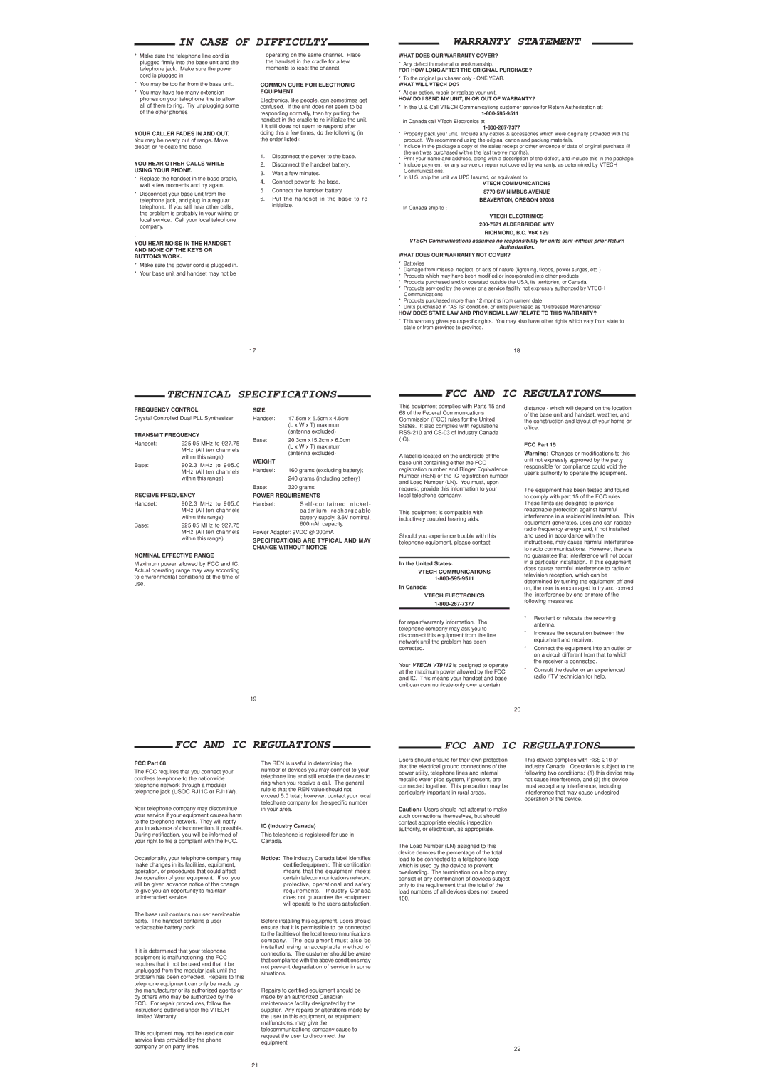 VTech VT-9112 instruction manual Case of Difficulty Warranty Statement, Technical Specifications FCC and IC Regulations 