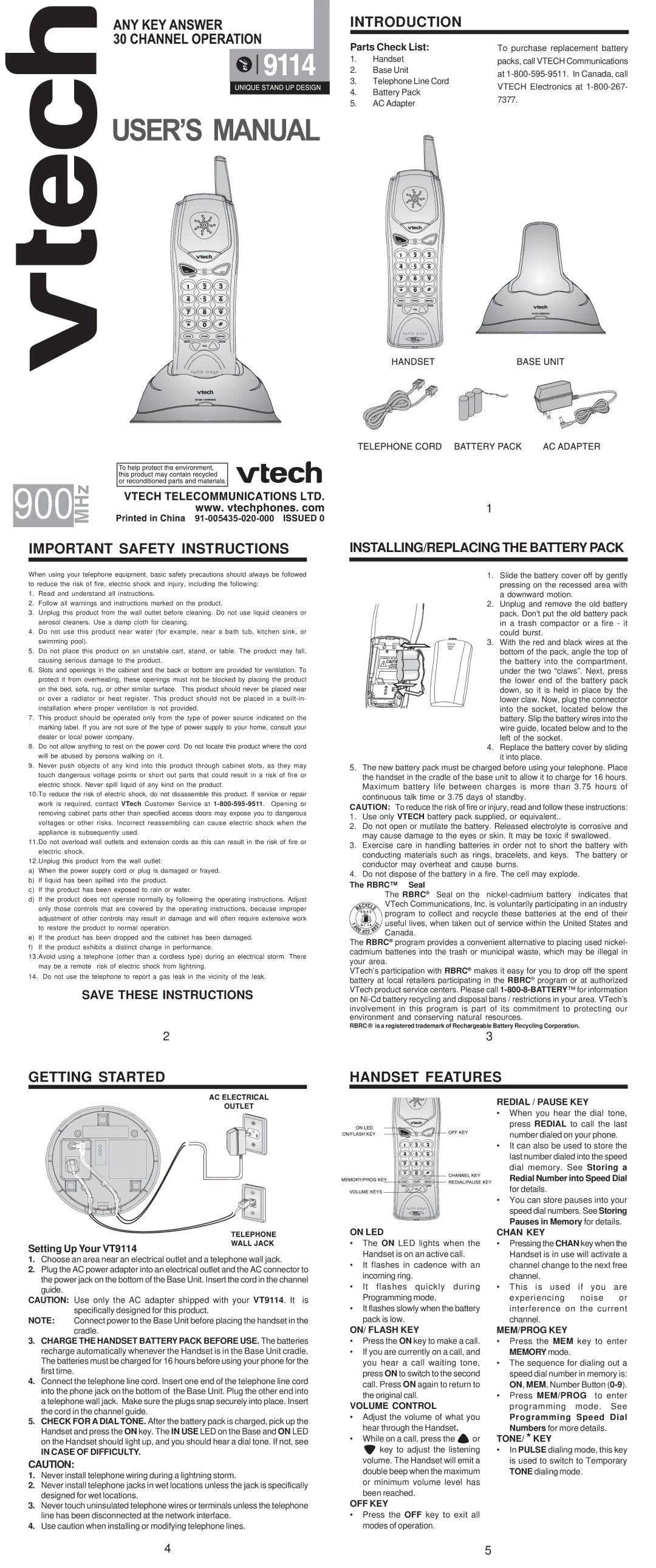 VTech VT 9114 important safety instructions Important Safety Instructions, Introduction, Getting Started, Handset Features 