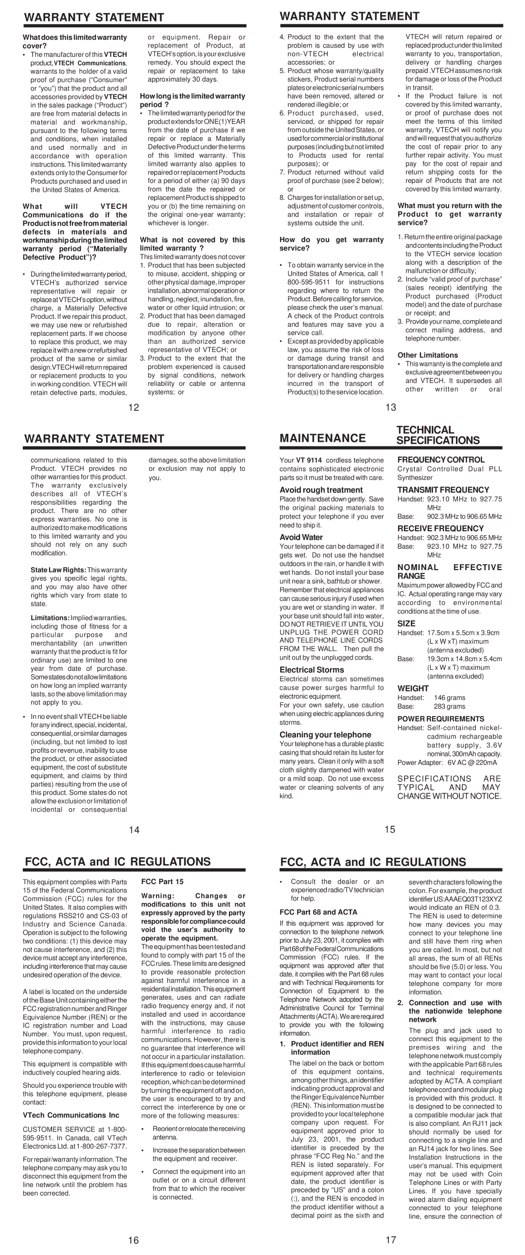 VTech VT 9114 important safety instructions Warranty Statement, Maintenance, Power Requirements 