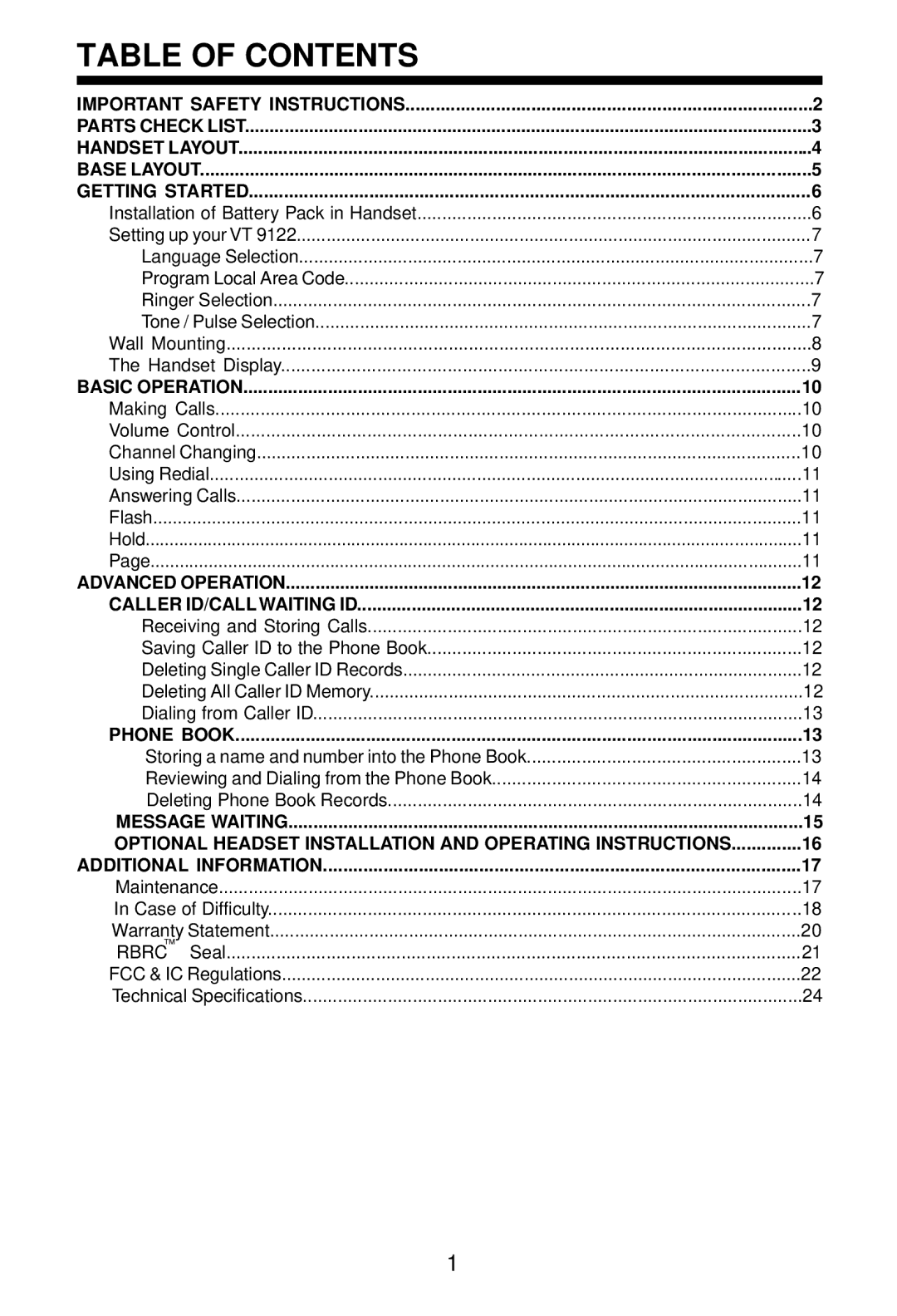 VTech VT 9122 important safety instructions Table of Contents 