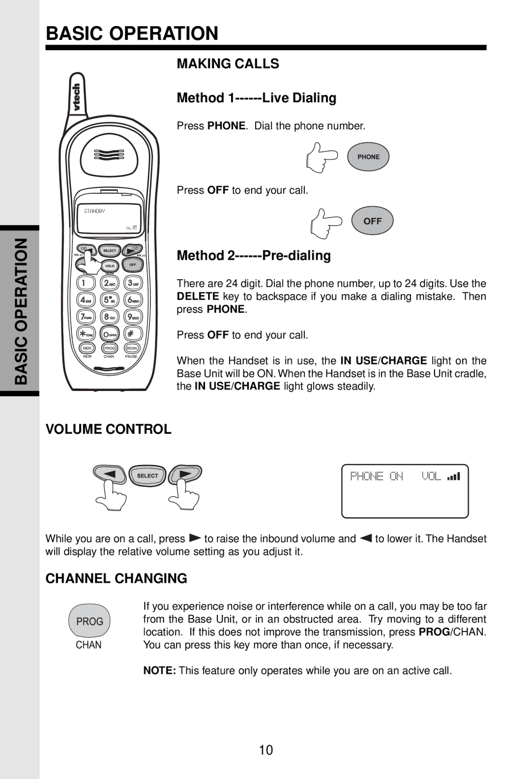 VTech VT 9122 important safety instructions Basic Operation, Making Calls, Volume Control, Channel Changing 