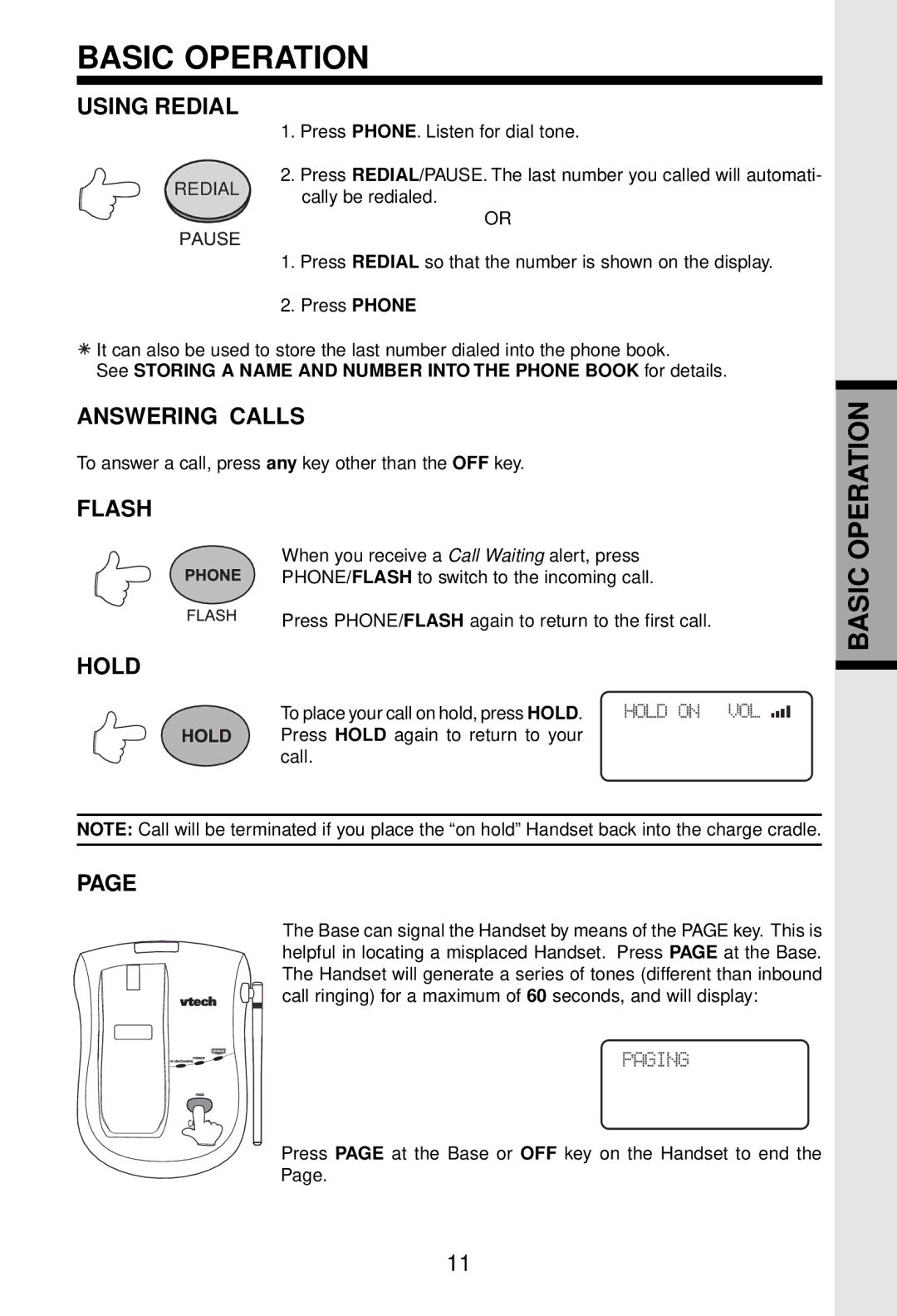 VTech VT 9122 important safety instructions Using Redial, Answering Calls, Flash, Hold 