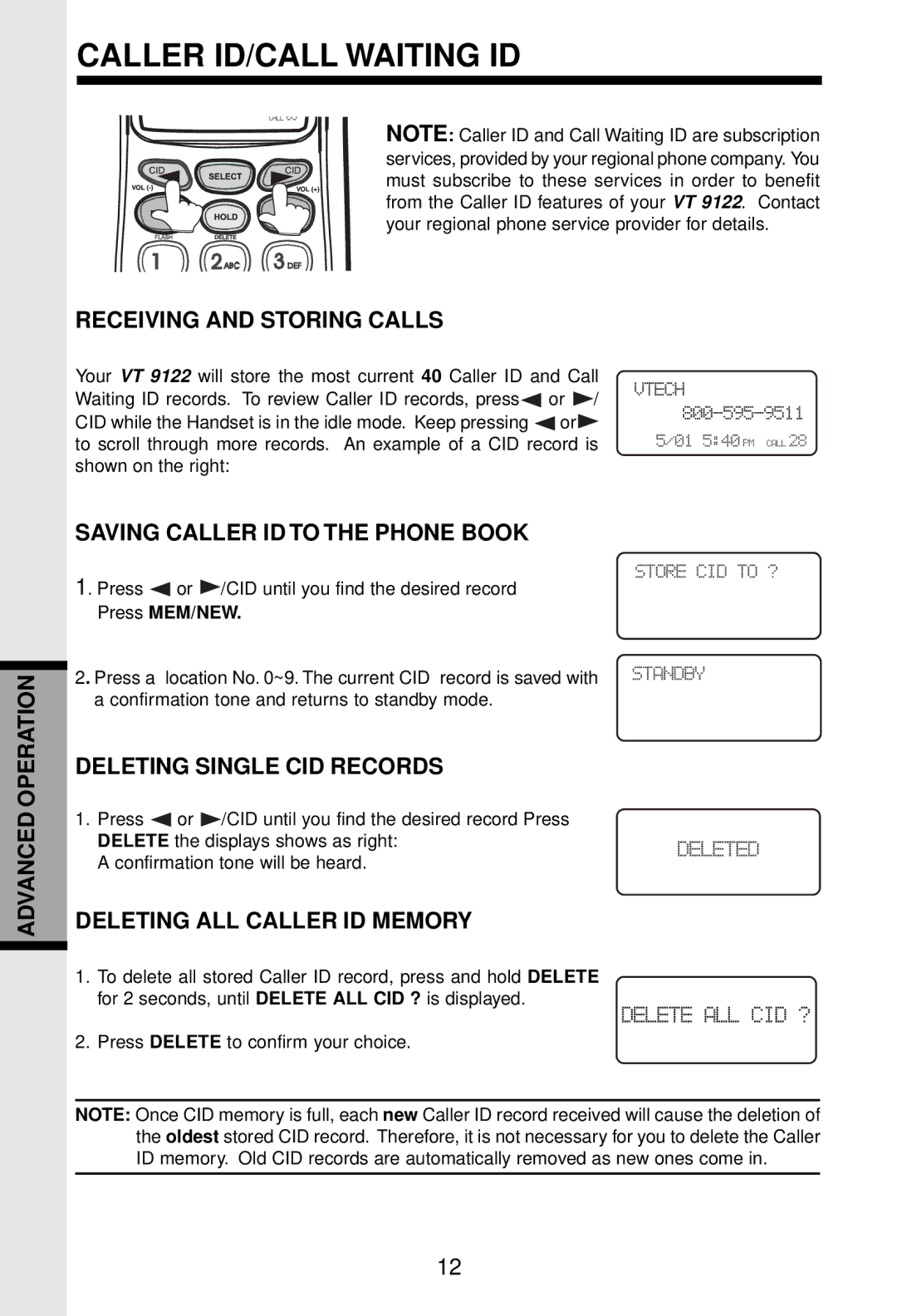 VTech VT 9122 important safety instructions Caller ID/CALL Waiting ID 