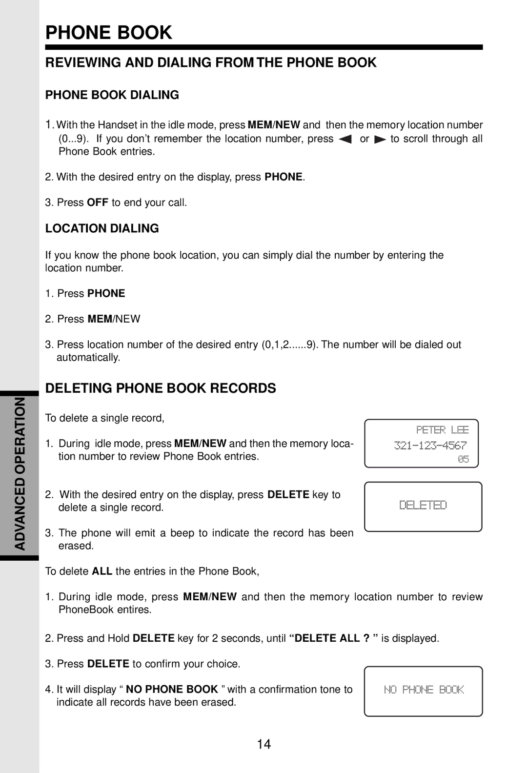 VTech VT 9122 important safety instructions Reviewing and Dialing from the Phone Book, Deleting Phone Book Records 