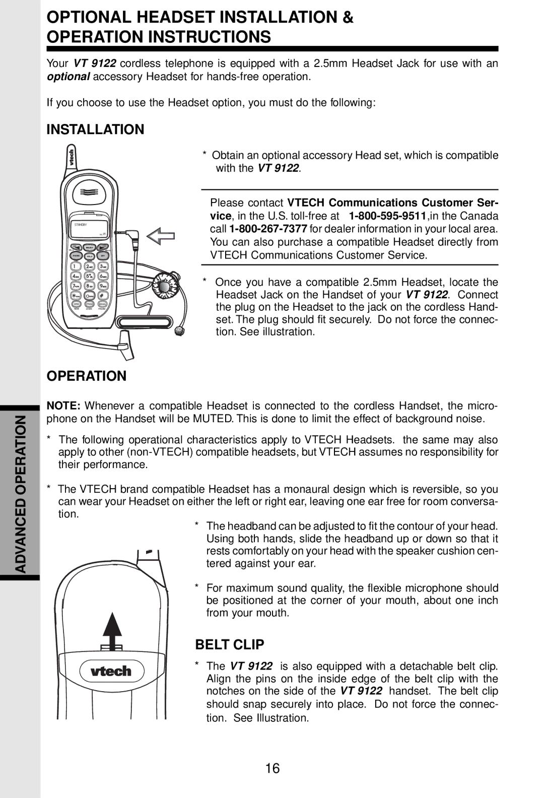 VTech VT 9122 important safety instructions Installation, Operation, Belt Clip 