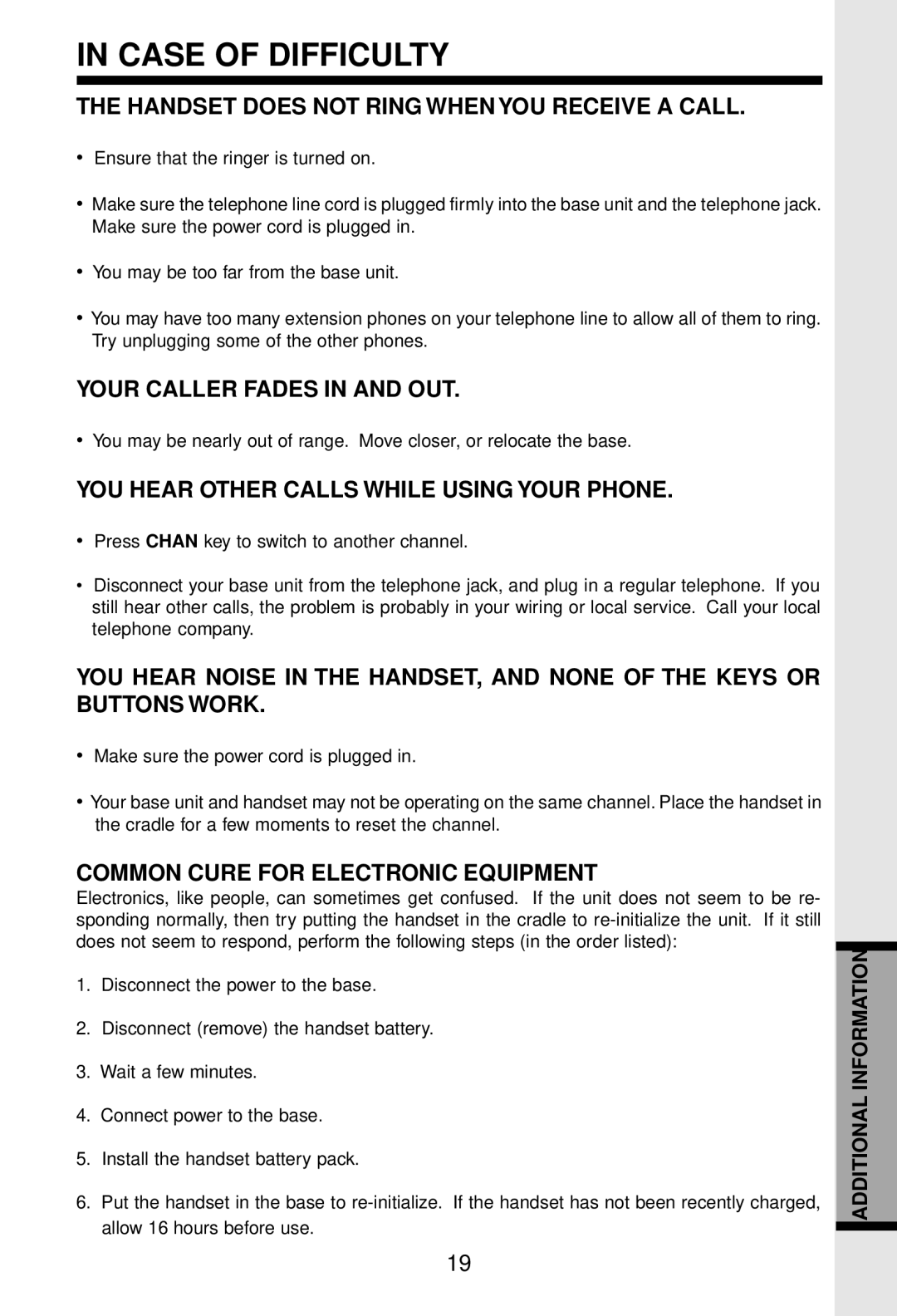 VTech VT 9122 important safety instructions Handset does not Ring When YOU Receive a Call, Your Caller Fades in and OUT 