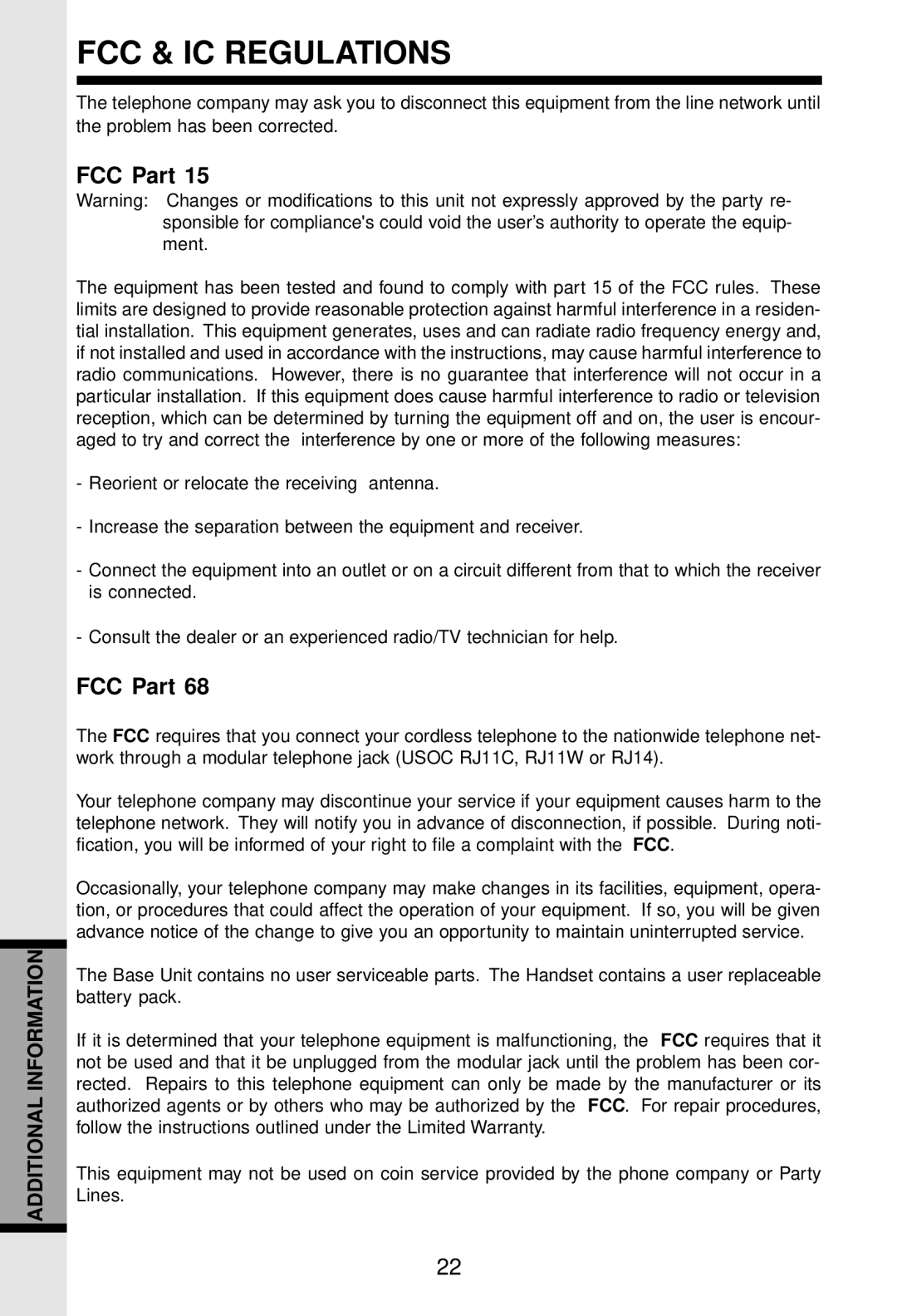 VTech VT 9122 important safety instructions FCC & IC Regulations, FCC Part 