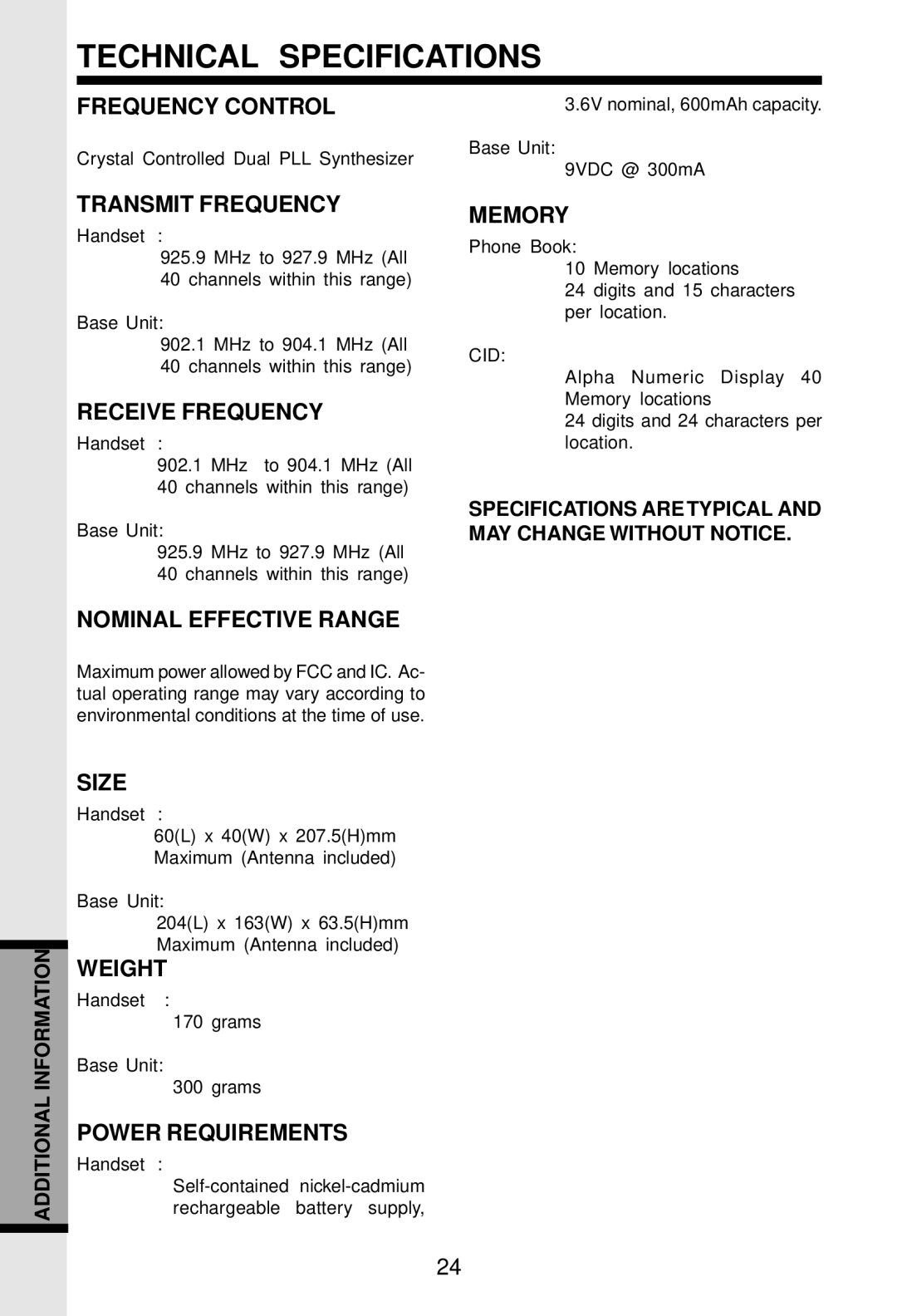 VTech VT 9122 important safety instructions Technical Specifications 