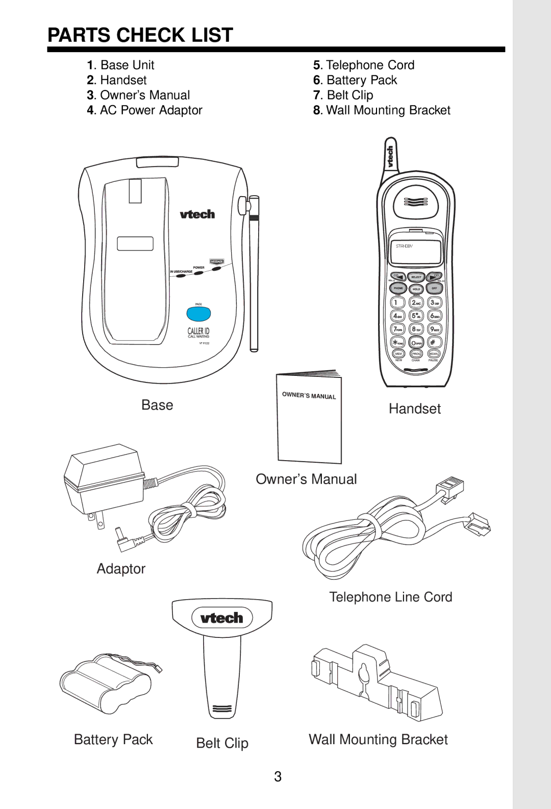 VTech VT 9122 important safety instructions Parts Check List 