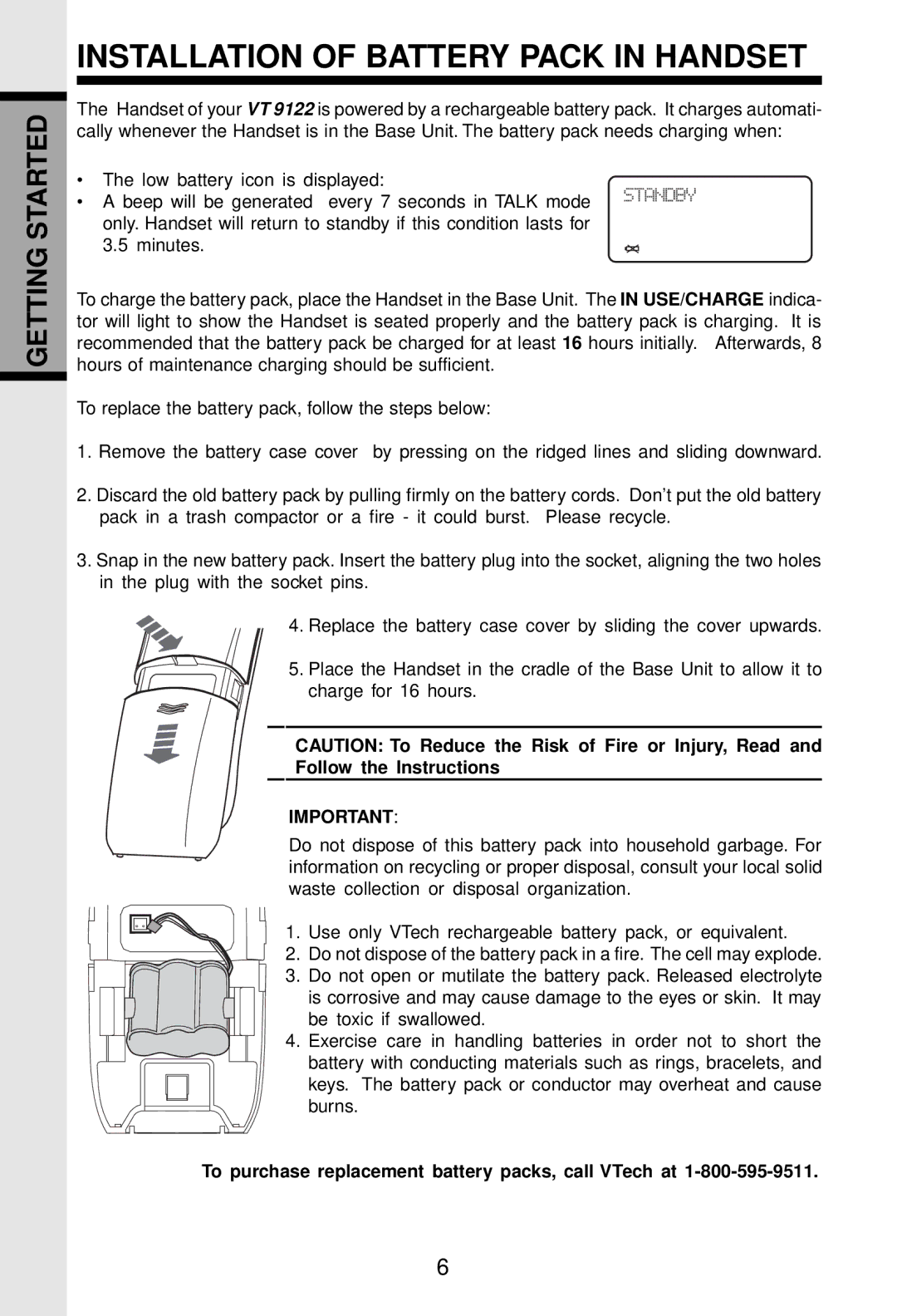 VTech VT 9122 important safety instructions Installation of Battery Pack in Handset, Follow the Instructions 