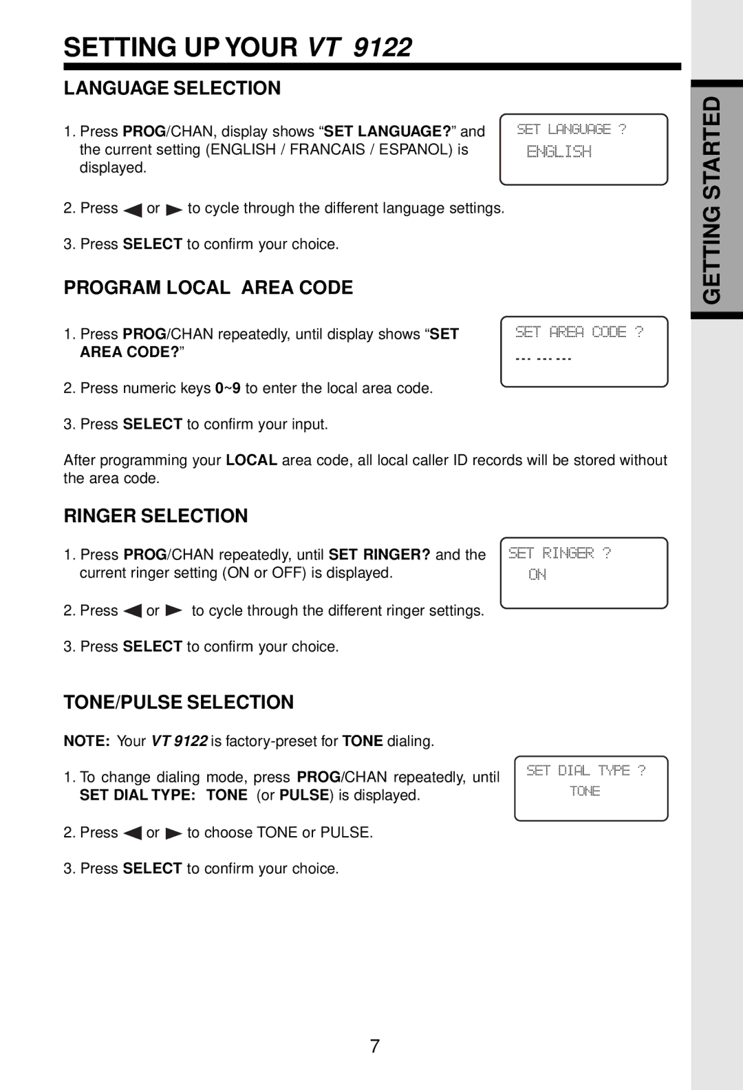 VTech VT 9122 Setting UP Your VT, Language Selection, Program Local Area Code, Ringer Selection, TONE/PULSE Selection 