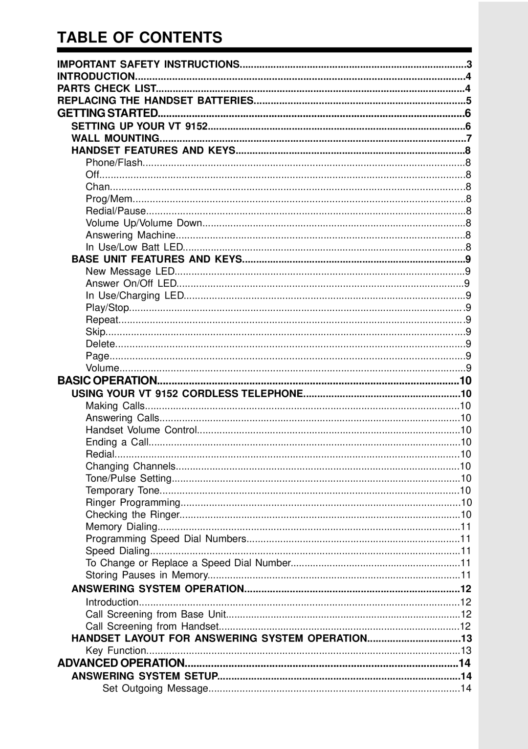 VTech VT 9152 important safety instructions Table of Contents 