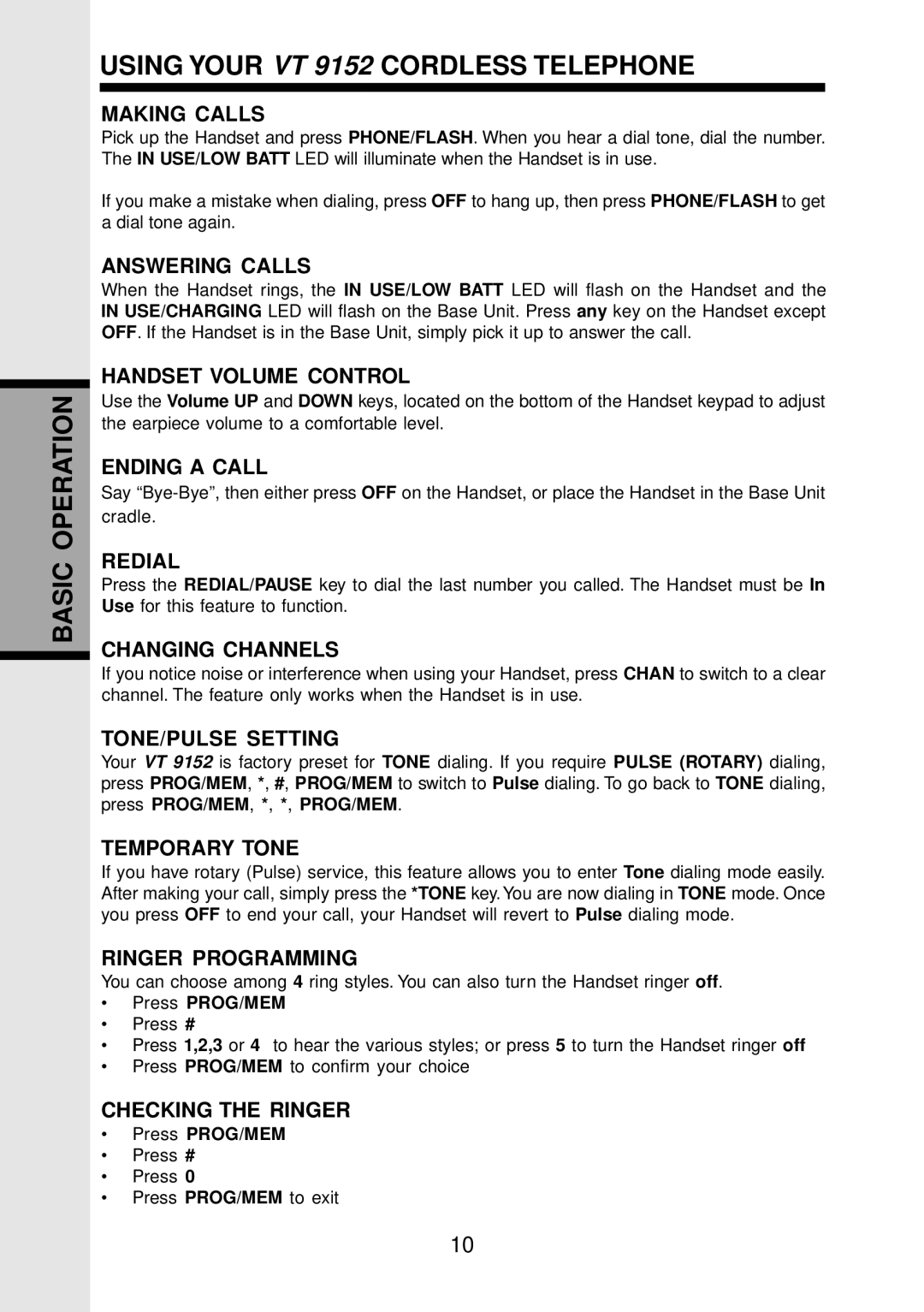 VTech important safety instructions Basic Operation Using Your VT 9152 Cordless Telephone 