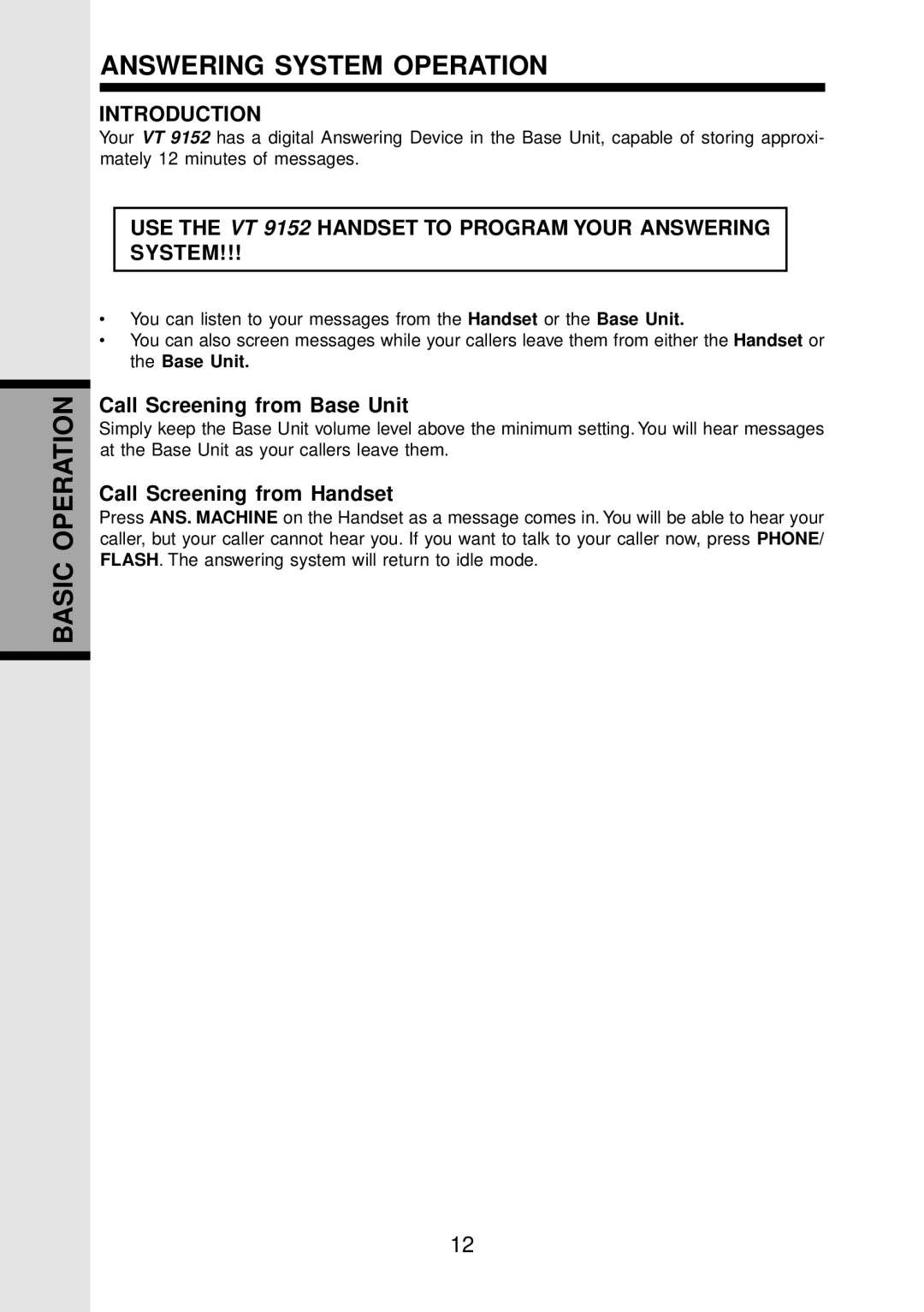 VTech VT 9152 Basic Operation Answering System Operation, Introduction, Call Screening from Base Unit 