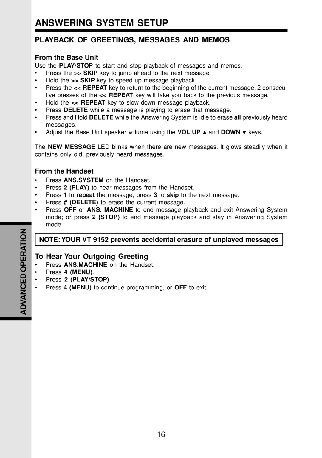 VTech VT 9152 important safety instructions Playback of GREETINGS, Messages and Memos, To Hear Your Outgoing Greeting 