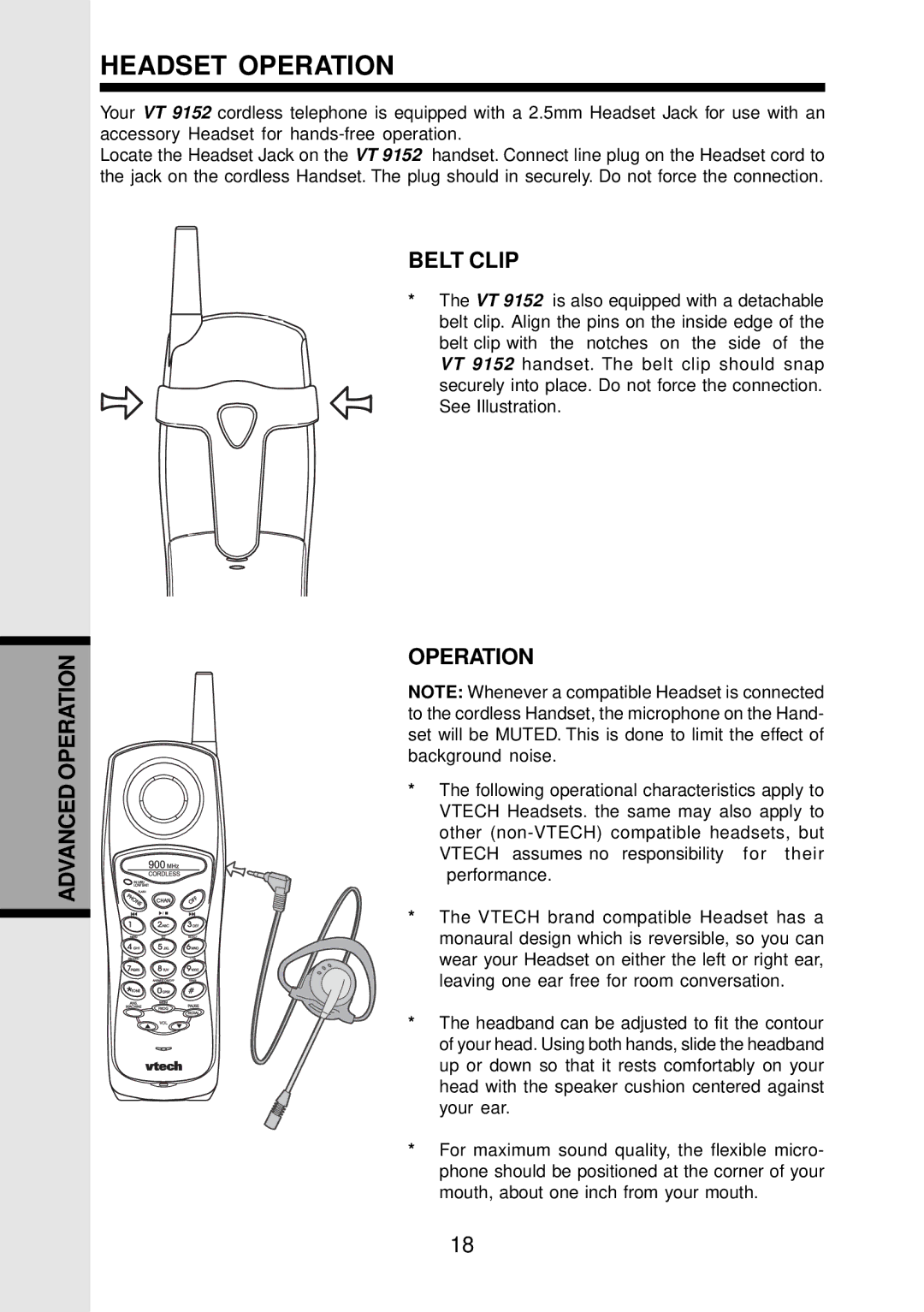 VTech VT 9152 important safety instructions Headset Operation, Belt Clip 