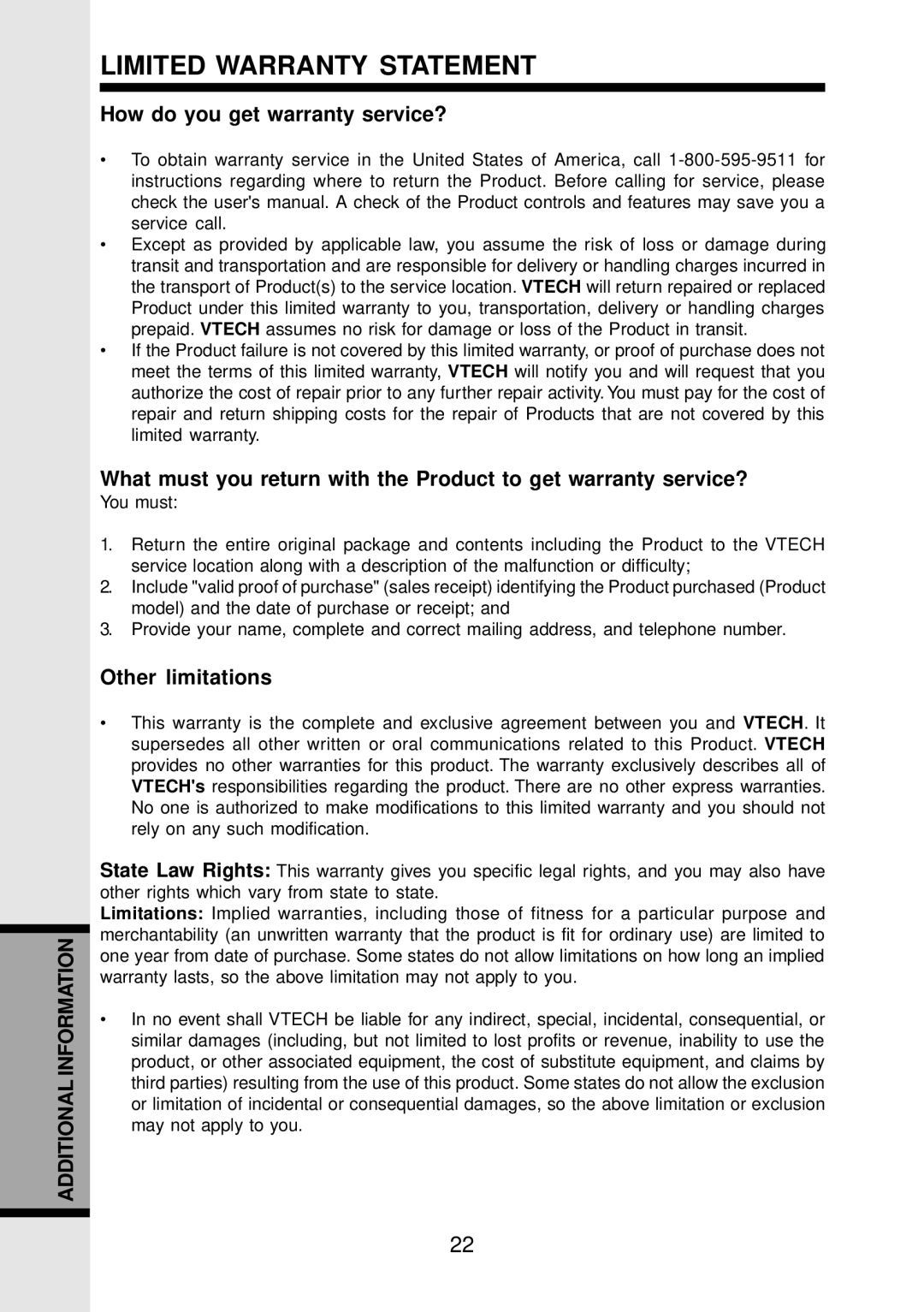 VTech VT 9152 important safety instructions How do you get warranty service?, Other limitations 