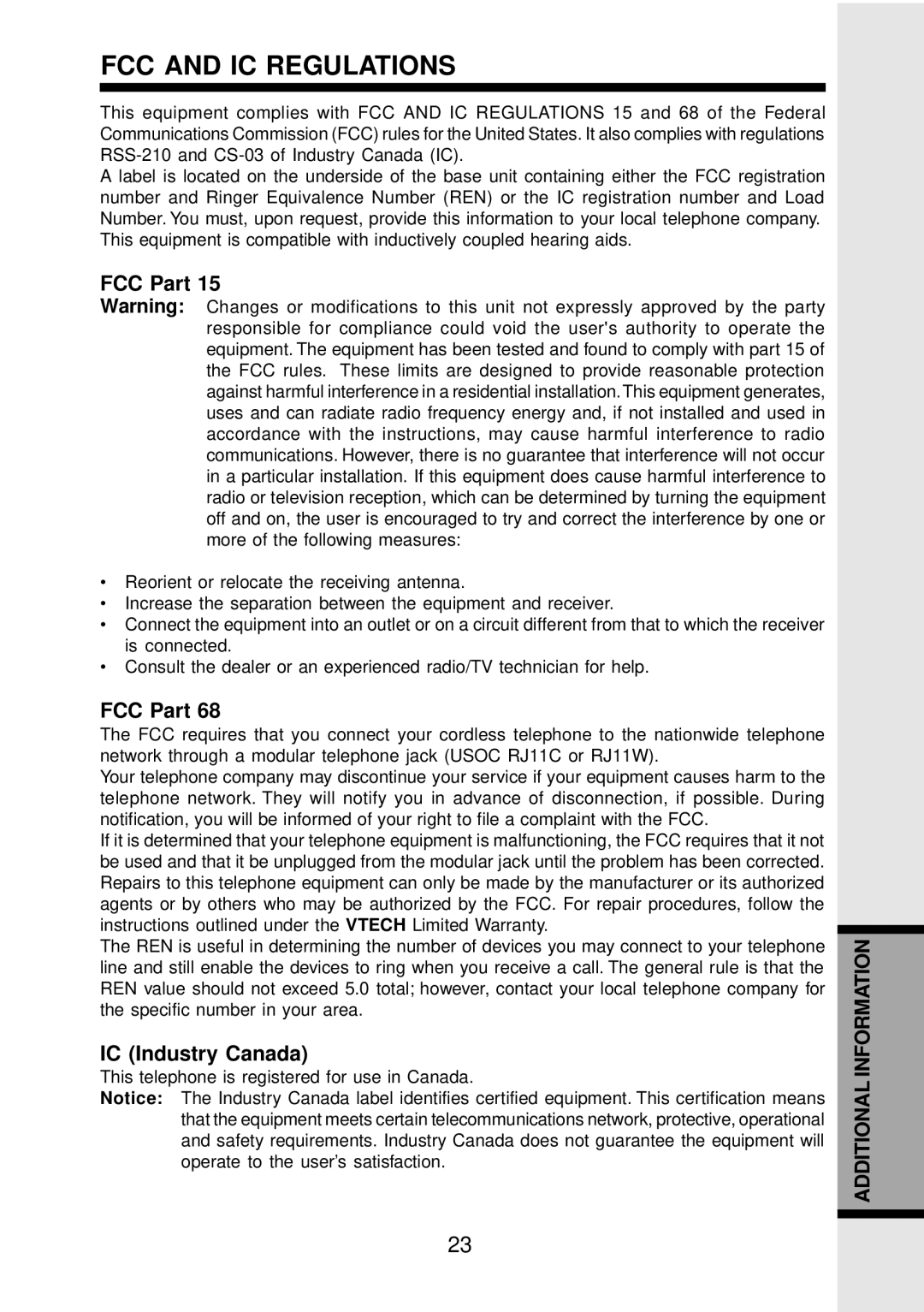 VTech VT 9152 important safety instructions FCC and IC Regulations, FCC Part, IC Industry Canada 