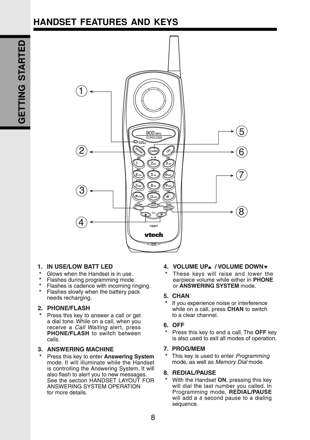 VTech VT 9152 important safety instructions Handset Features and Keys Getting Started 