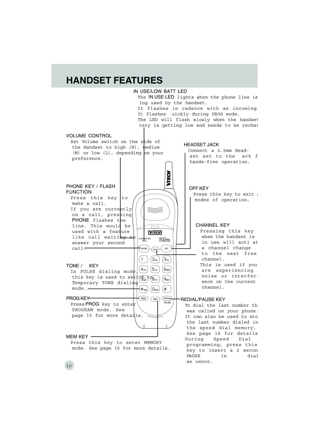 VTech VT 9155 important safety instructions Handset Features 