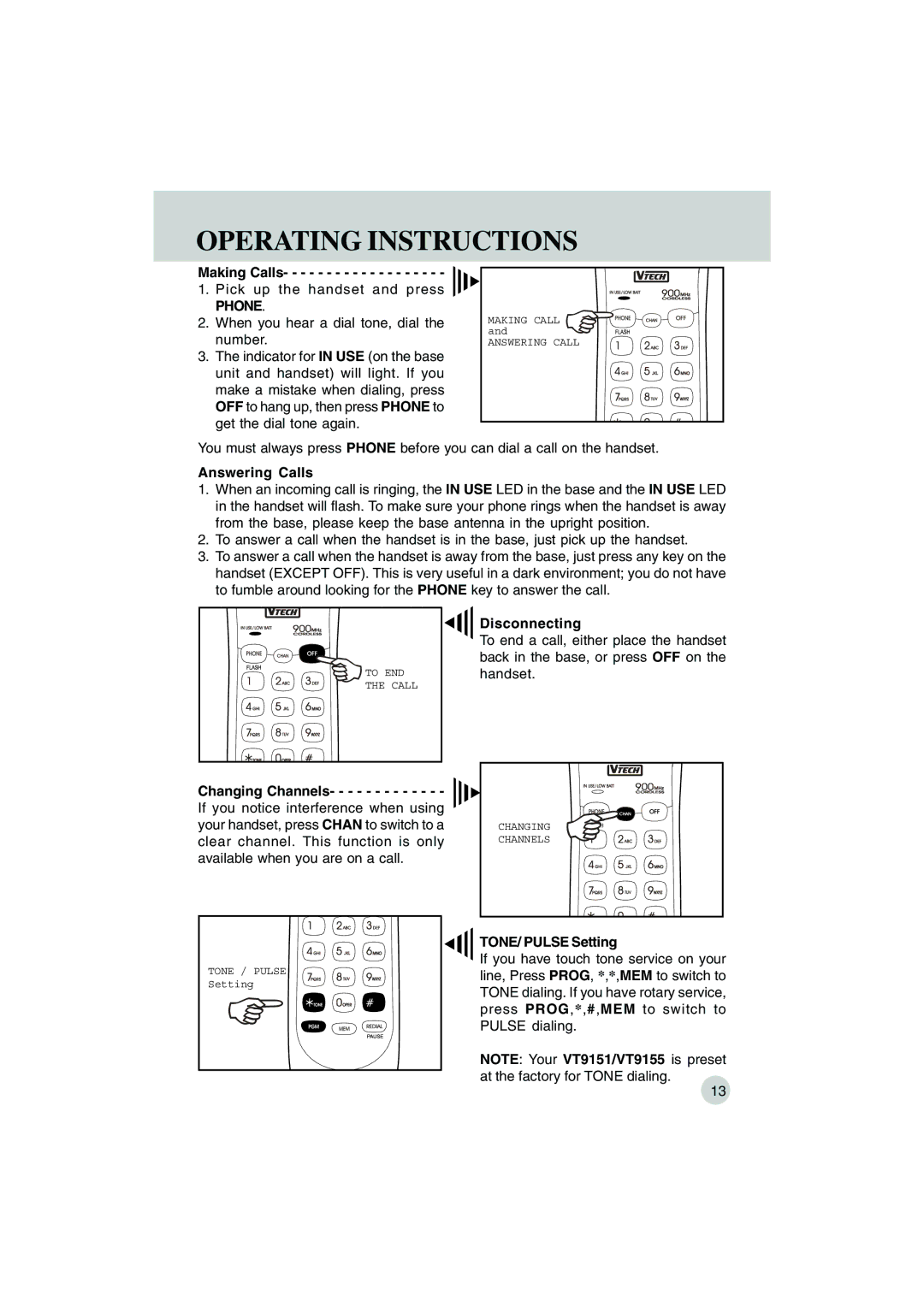 VTech VT 9155 important safety instructions Operating Instructions, Phone 