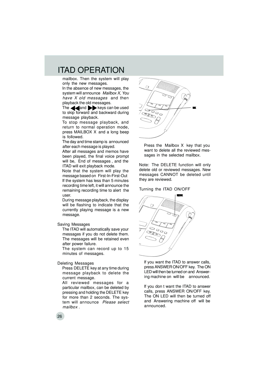 VTech VT 9155 important safety instructions Saving Messages, Deleting Messages, Turning the Itad ON/OFF 