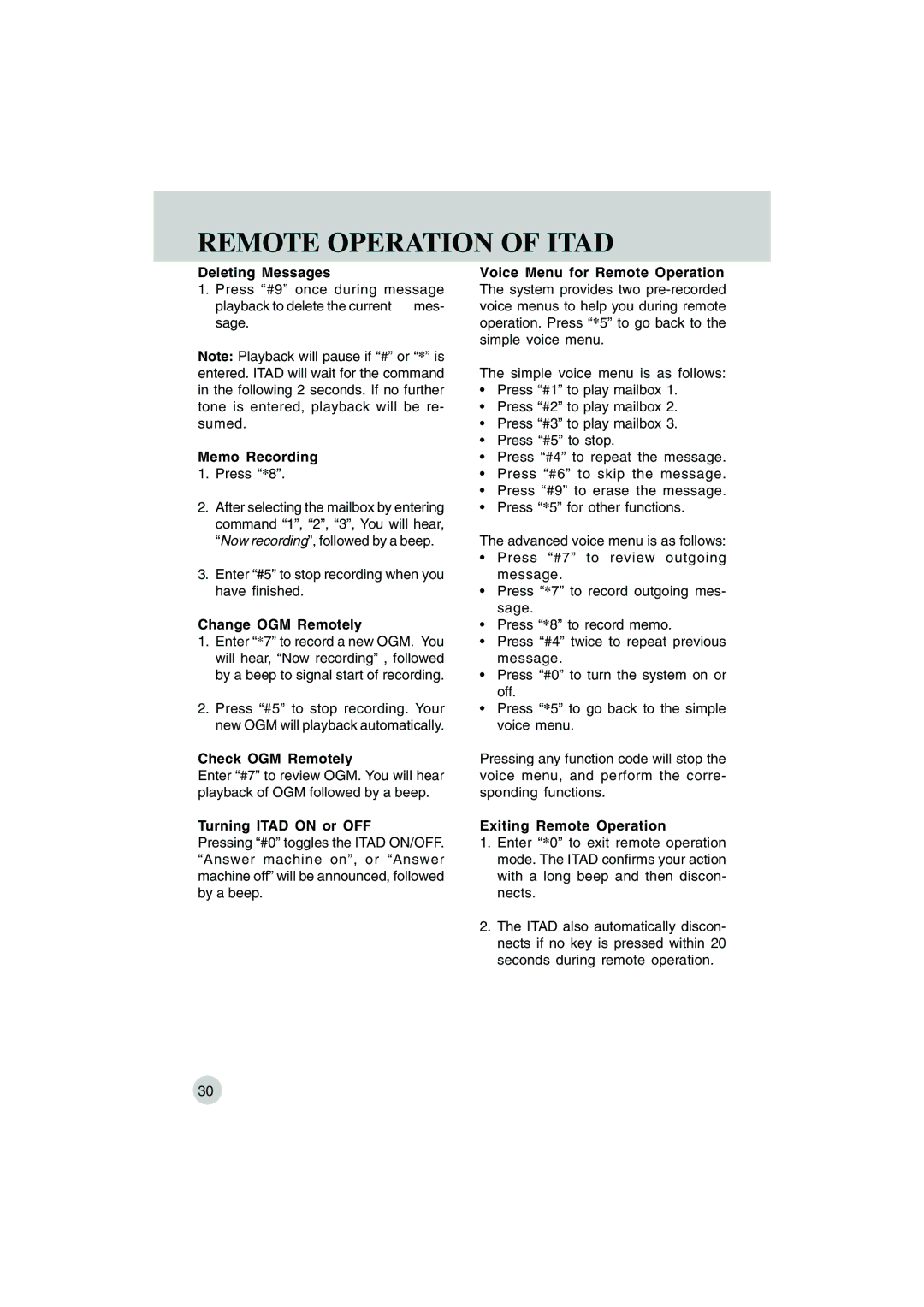 VTech VT 9155 Memo Recording, Change OGM Remotely, Check OGM Remotely, Turning Itad on or OFF, Exiting Remote Operation 