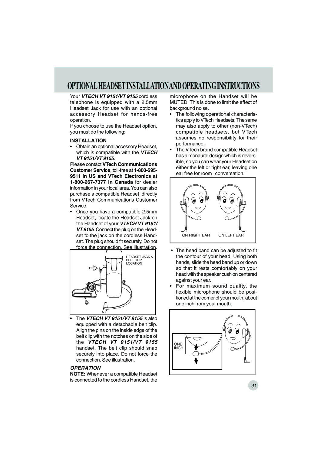 VTech VT 9155 important safety instructions Optionalheadsetinstallationandoperatinginstructions, Installation 