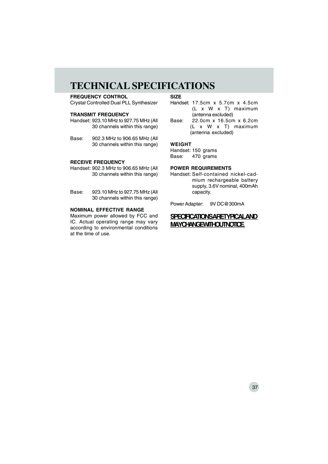 VTech VT 9155 important safety instructions Technical Specifications 