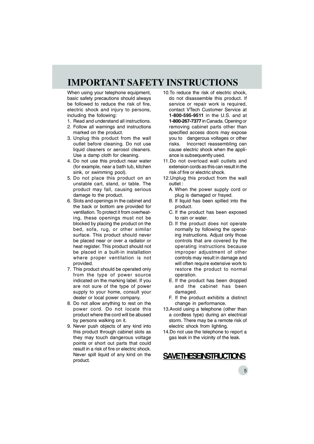 VTech VT 9155 important safety instructions Important Safety Instructions 