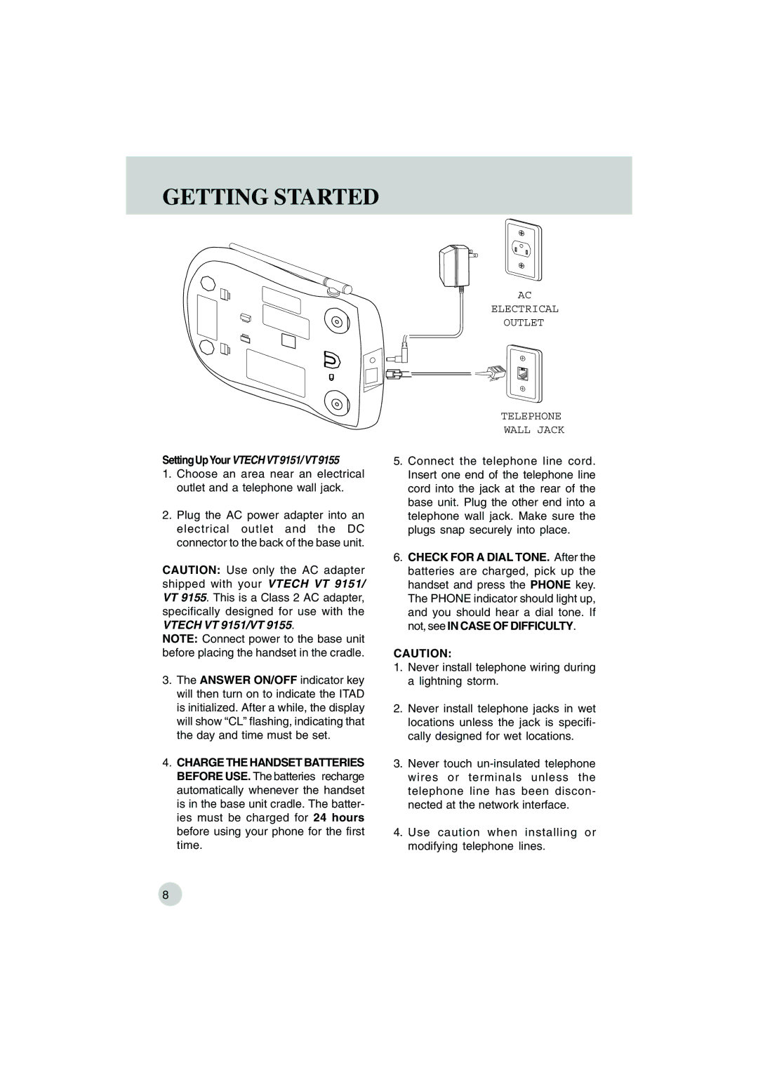 VTech VT 9155 important safety instructions Getting Started, SettingUpYourVTECHVT9151/VT9155 