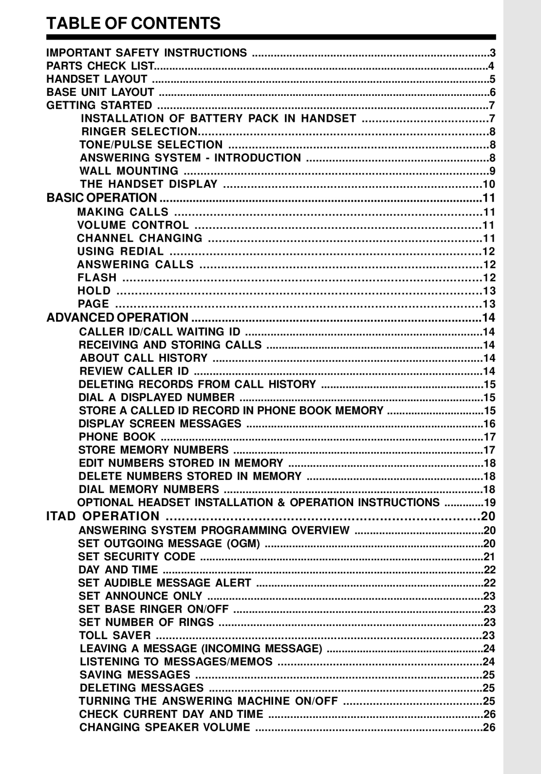 VTech VT 9162 important safety instructions Table of Contents 