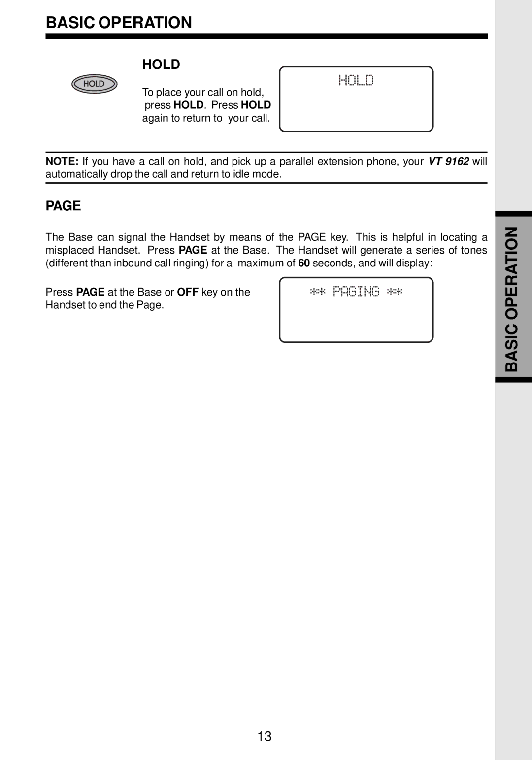 VTech VT 9162 important safety instructions Hold 