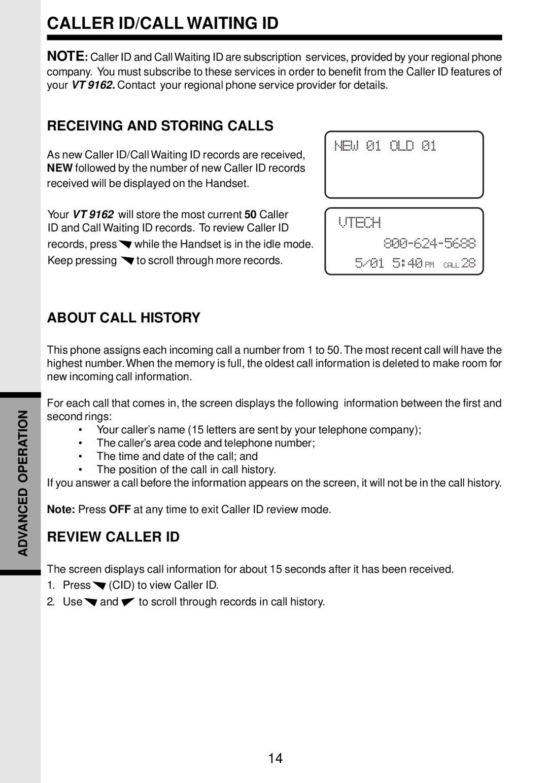 VTech VT 9162 Caller ID/CALL Waiting ID, Receiving and Storing Calls, About Call History, Review Caller ID 