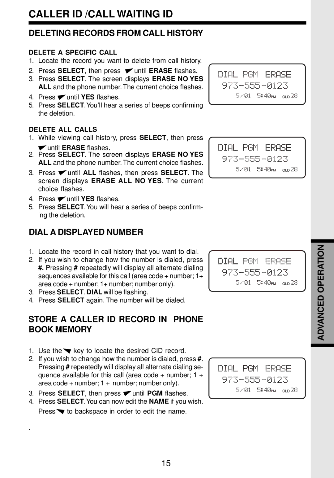 VTech VT 9162 Caller ID /CALL Waiting ID, Deleting Records from Call History, Dial a Displayed Number, Advanced Operation 