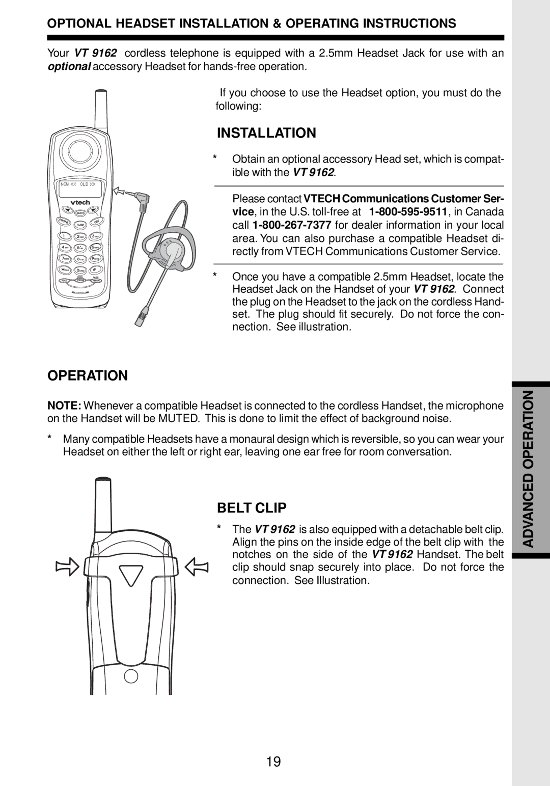 VTech VT 9162 important safety instructions Installation, Operation, Belt Clip 