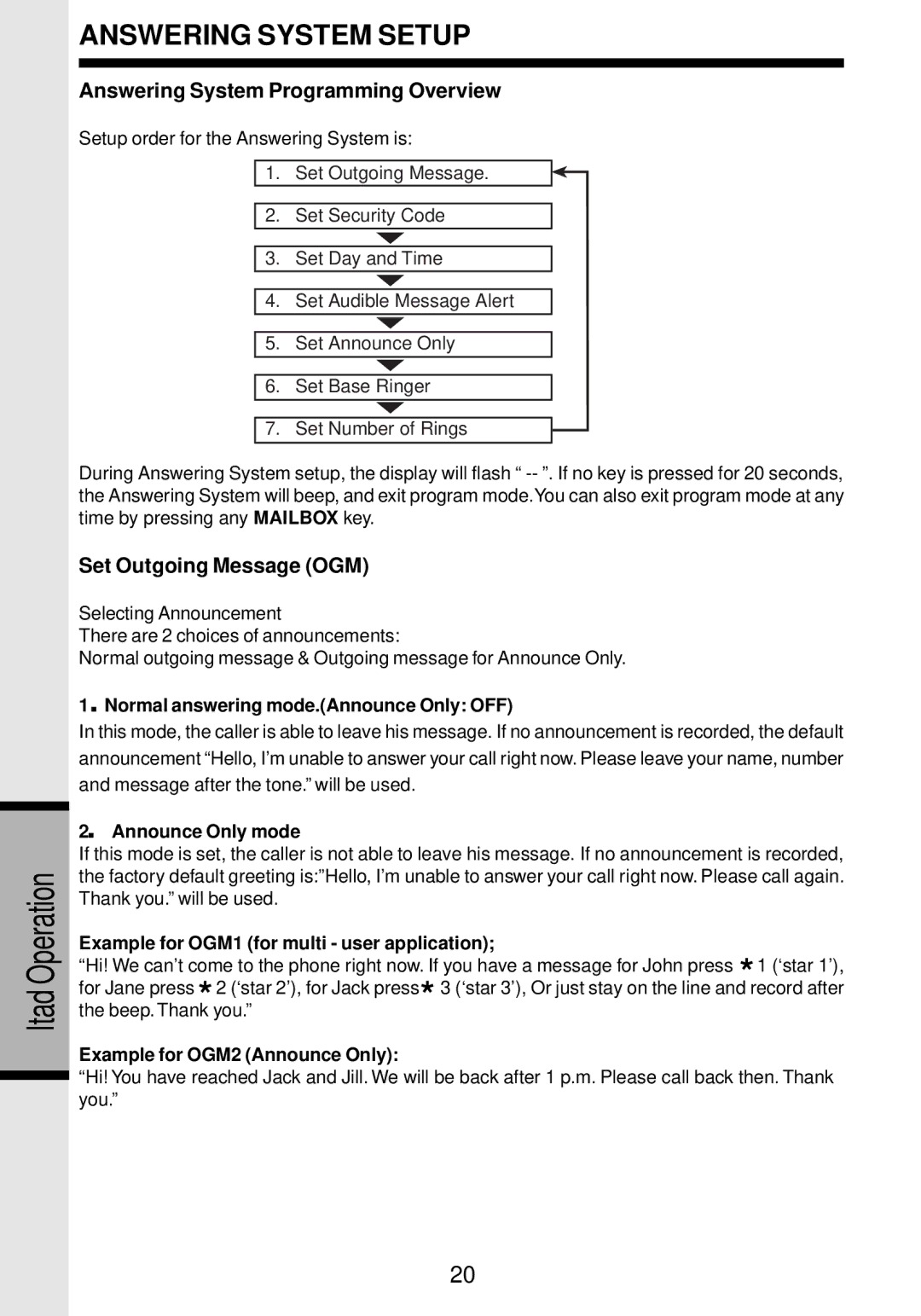 VTech VT 9162 Answering System Setup, Answering System Programming Overview, Set Outgoing Message OGM 