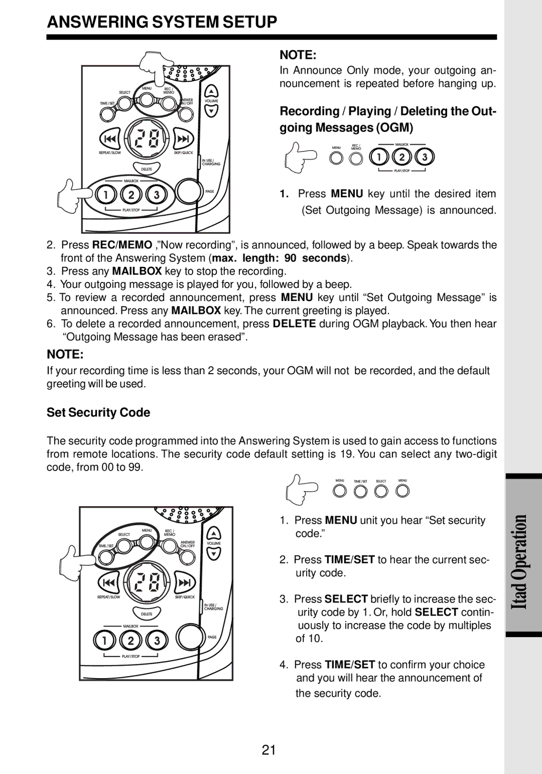 VTech VT 9162 important safety instructions Recording / Playing / Deleting the Out- going Messages OGM, Set Security Code 