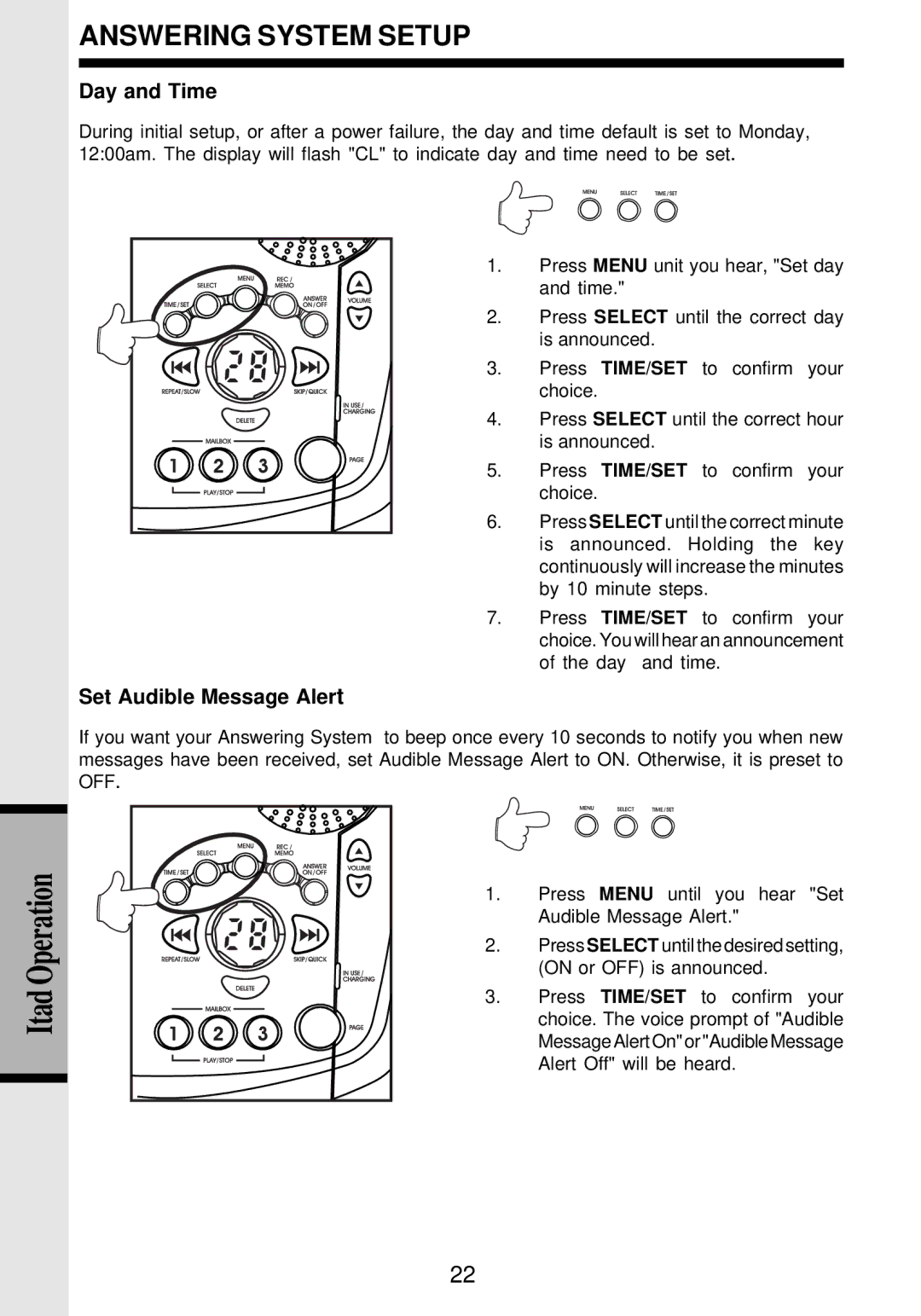 VTech VT 9162 important safety instructions Day and Time, Set Audible Message Alert 