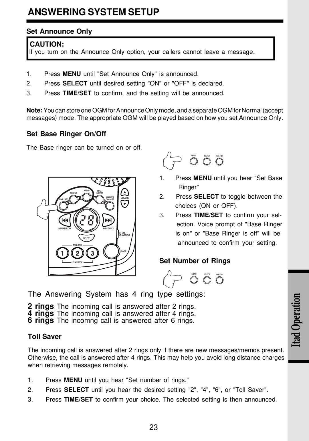 VTech VT 9162 important safety instructions Set Announce Only, Set Base Ringer On/Off, Set Number of Rings, Toll Saver 