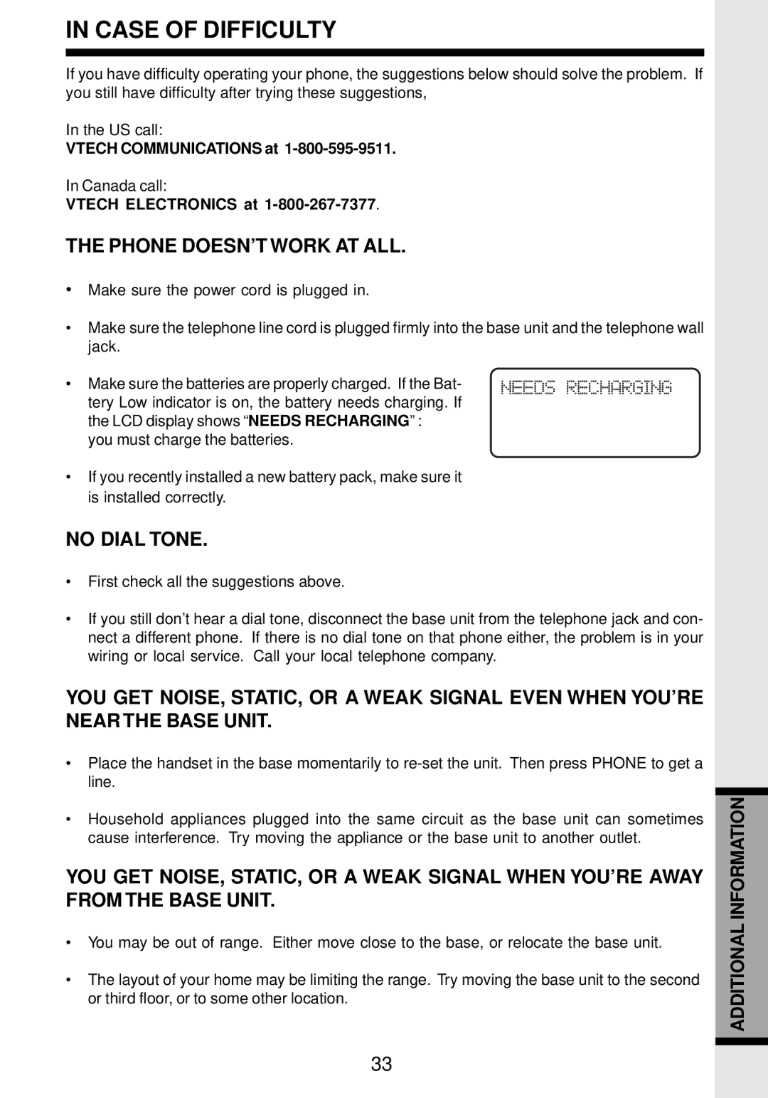 VTech VT 9162 important safety instructions Case of Difficulty, Phone DOESN’T Work AT ALL, No Dial Tone 