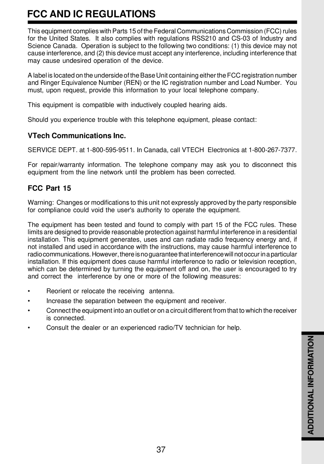 VTech VT 9162 important safety instructions FCC and IC Regulations, VTech Communications Inc, FCC Part 