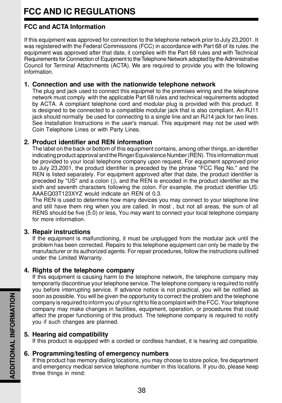 VTech VT 9162 FCC and Acta Information, Repair instructions, Rights of the telephone company, Hearing aid compatibility 