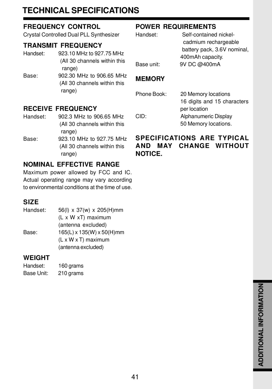 VTech VT 9162 important safety instructions Technical Specifications 