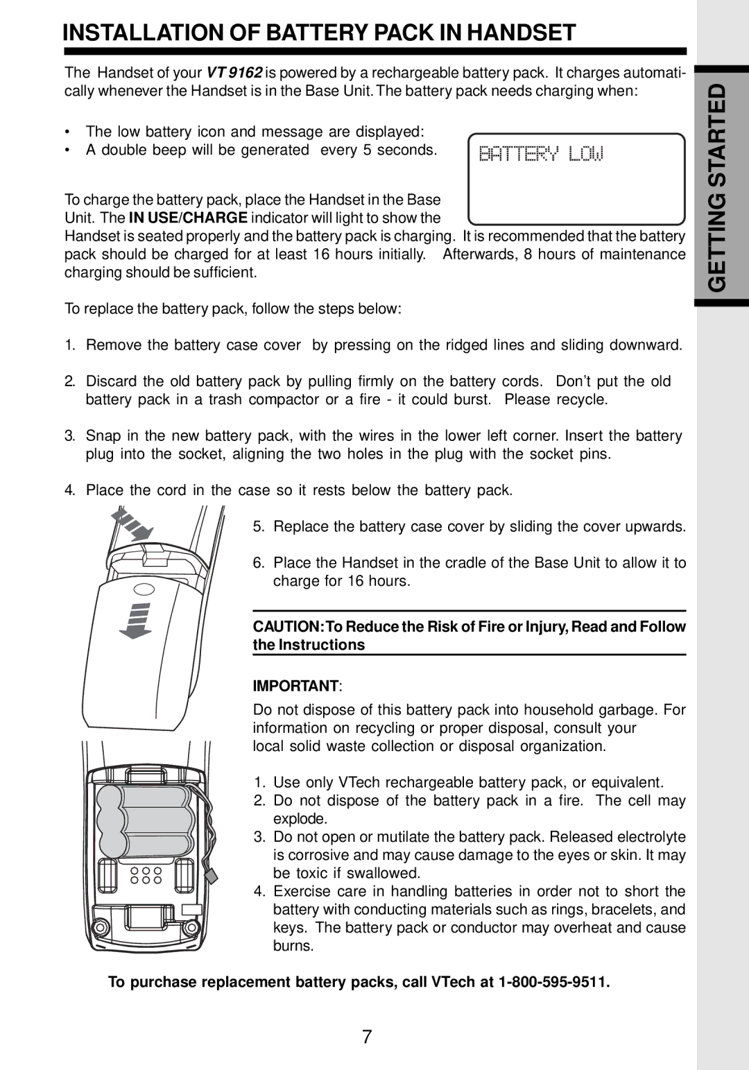 VTech VT 9162 important safety instructions Installation of Battery Pack in Handset, Getting Started 