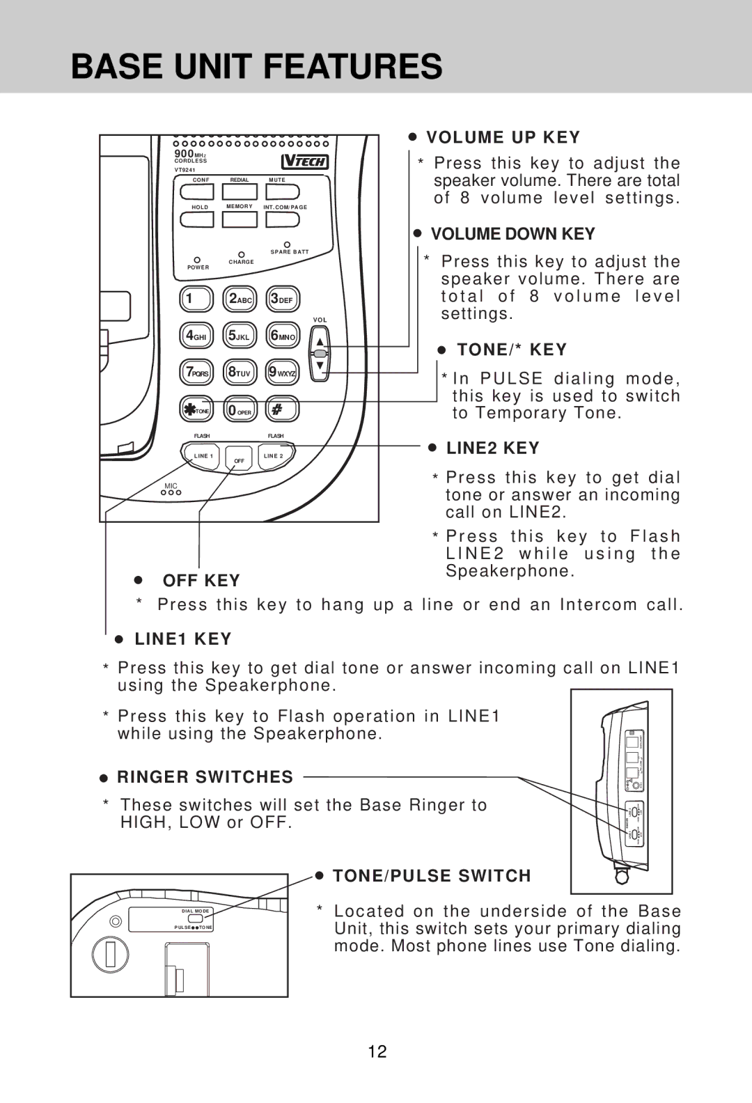 VTech VT 9241 OFF KEY Volume UP KEY, Volume Down KEY, Tone/* Key, LINE2 KEY, LINE1 KEY, Ringer Switches, TONE/PULSE Switch 