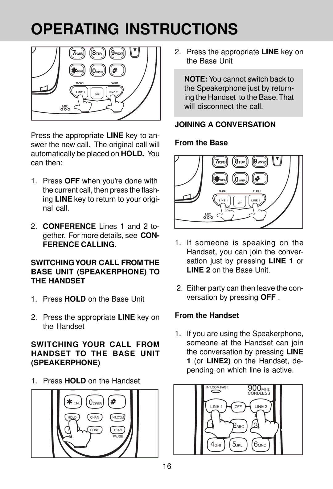 VTech VT 9241 manual Press Hold on the Handset, Press the appropriate Line key on the Base Unit, Joining a Conversation 